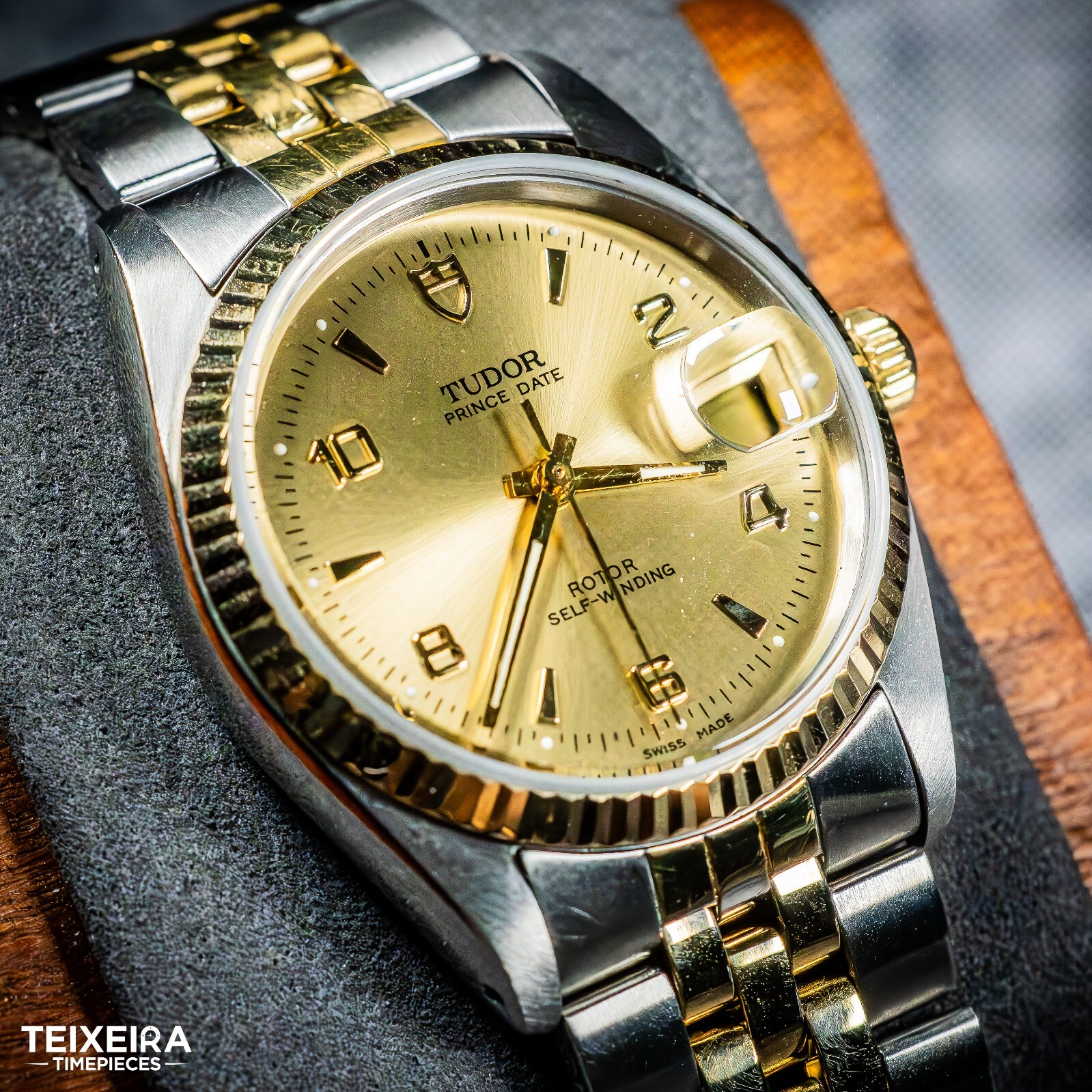 Tudor Prince Date 74033 Champagne 18k Fluted Bezel and Jubilee Bracelet 34mm