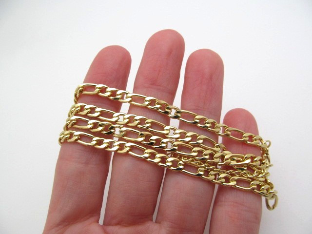 Solid Yellow Gold Tone Metal Figaro 4.5mm Chain Link Necklace Adjustable