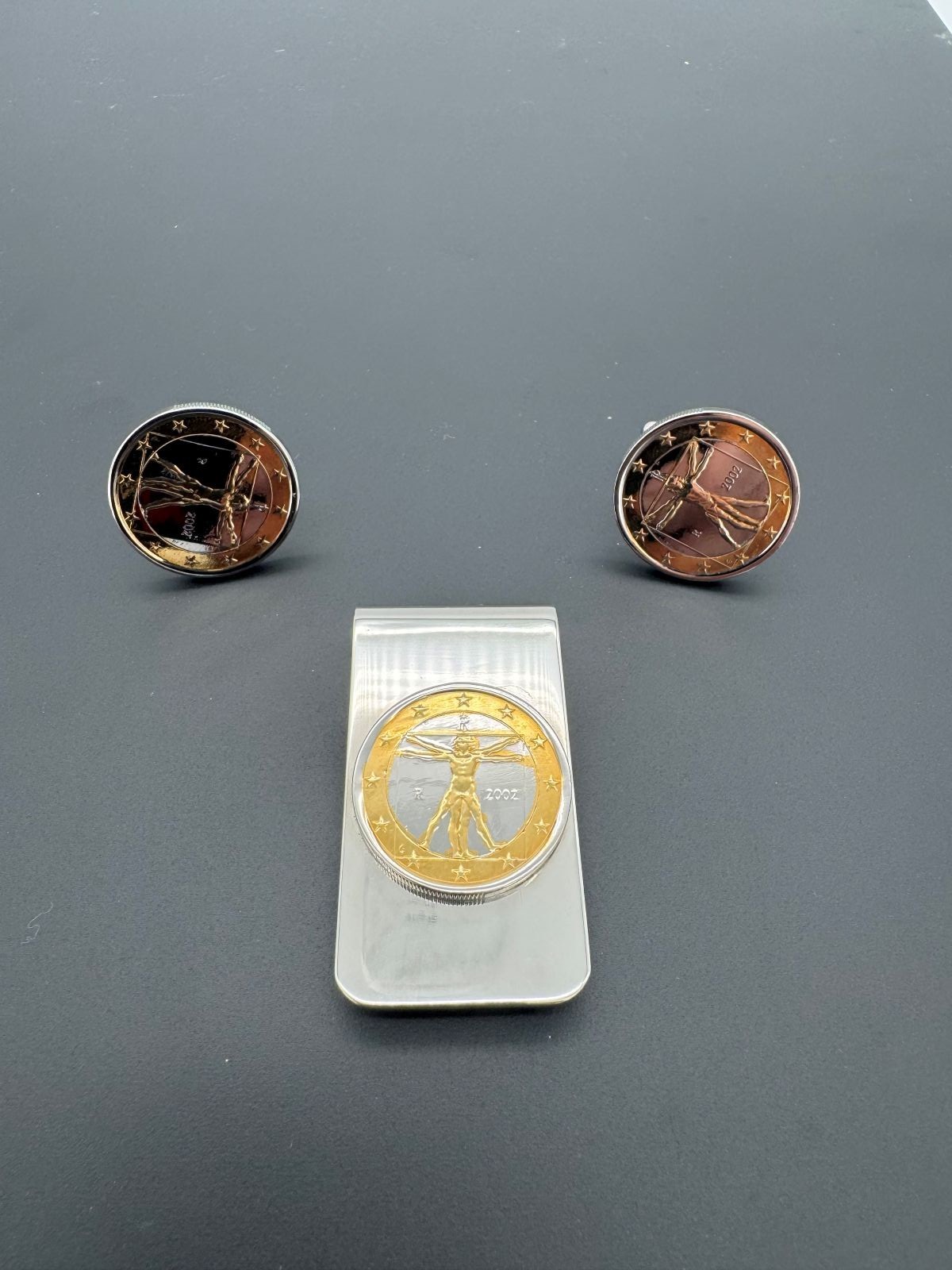 Italian Cufflinks and Money Clip Set Davinci Vitruvian Man Gold and Silver coins
