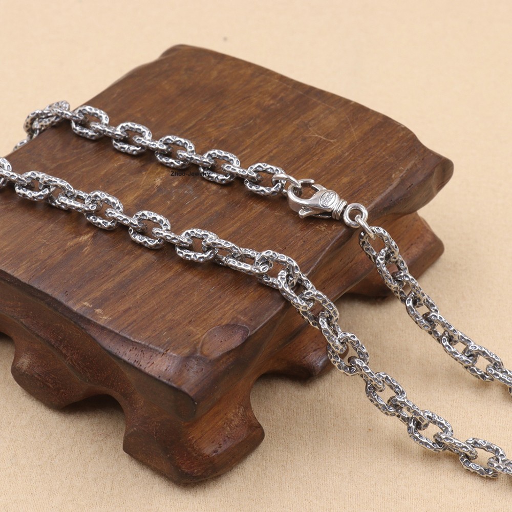 Real 925 Sterling Silver 6.5mm Hammered Cable Chain Necklace 21.6″L Jewelry Gift