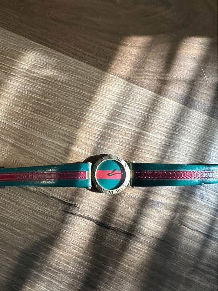 Vintage Womens Web Stripe Green and Red Quartz Watch
