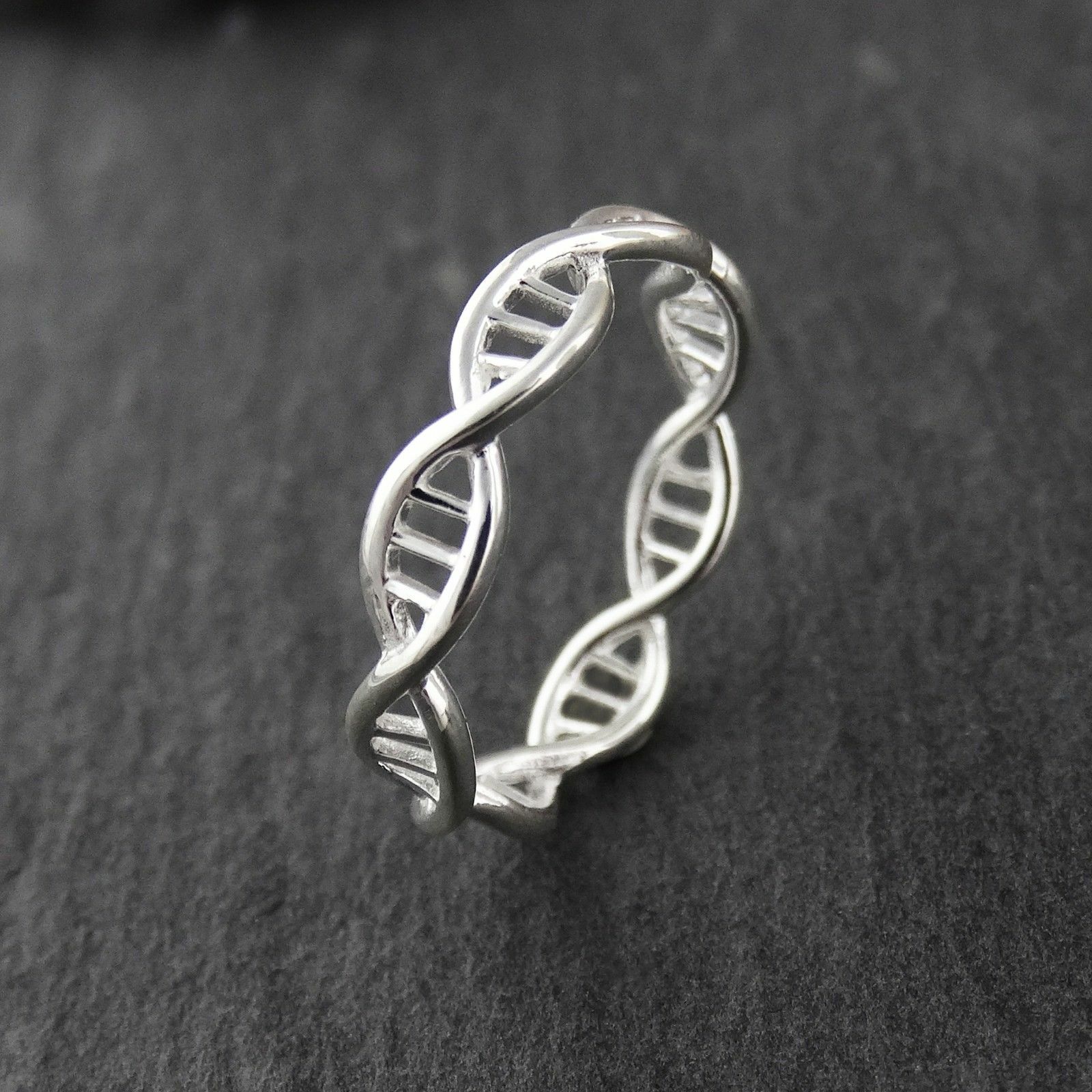 DNA Molecule Double Helix Ring – 925 Sterling Silver Band Sizes 6-10 Science NEW