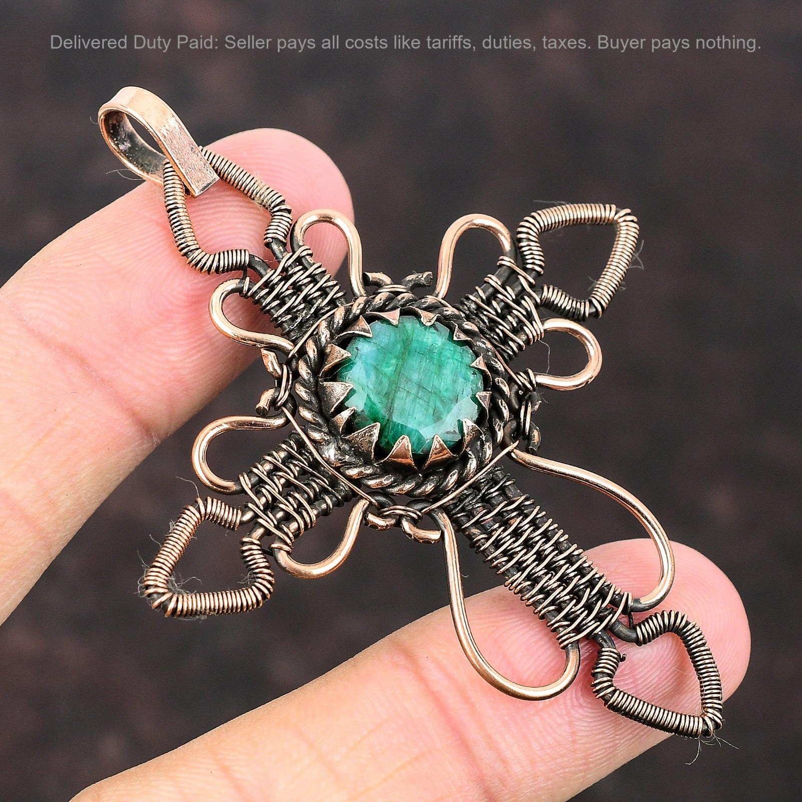 Christmas Deal Natural Zambian Emrald Copper Birthday Wire Wrapped Cross Pendant