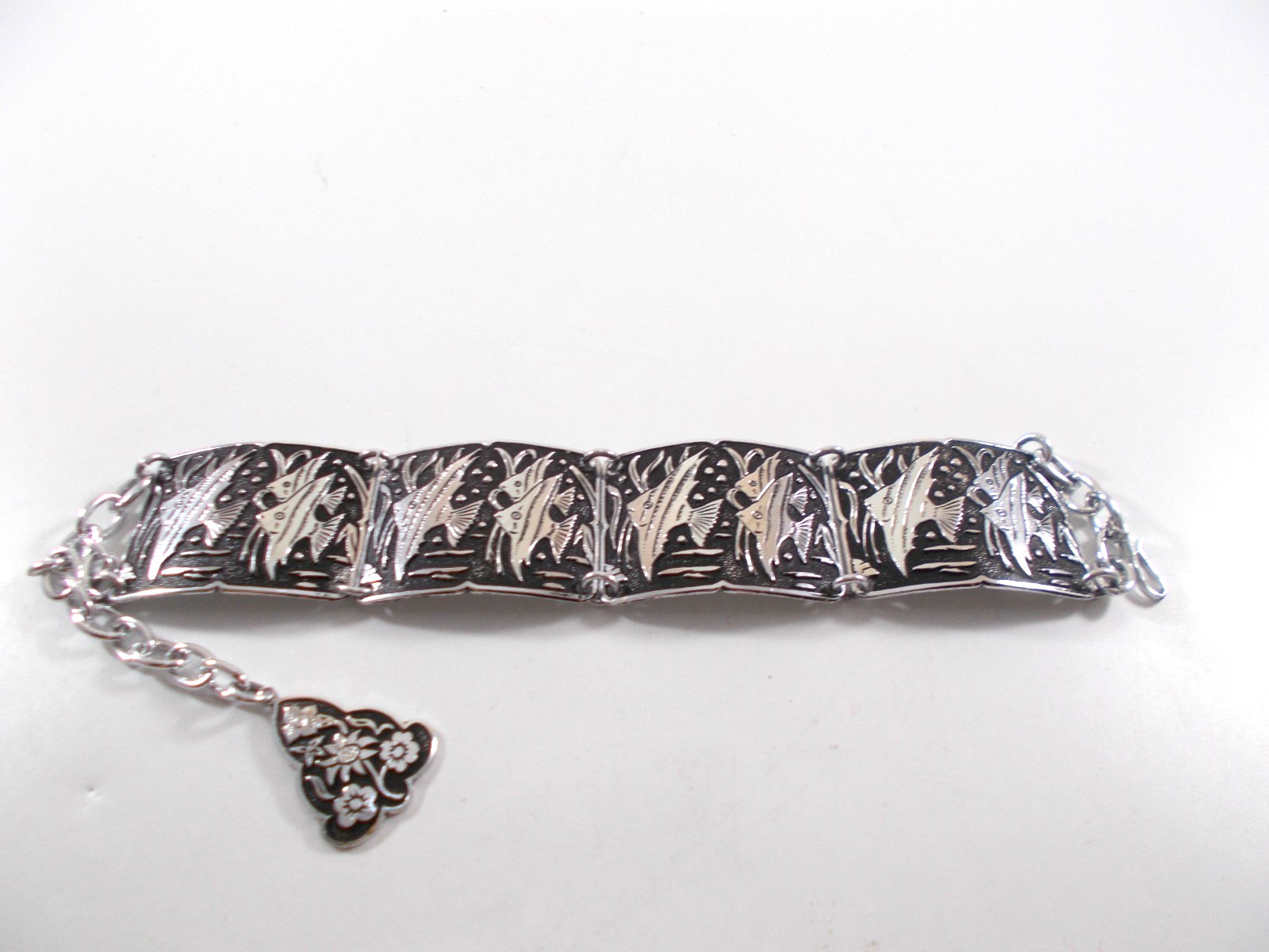 VTG Silver Tone & Black Angel Fish Aluminum Panel Bracelet W. German Free Ship