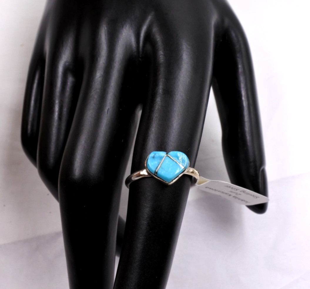 Zuni Sterling Silver Turquoise Heart Inlay Ring Size 4.5 – 8 Ring Real Turquoise