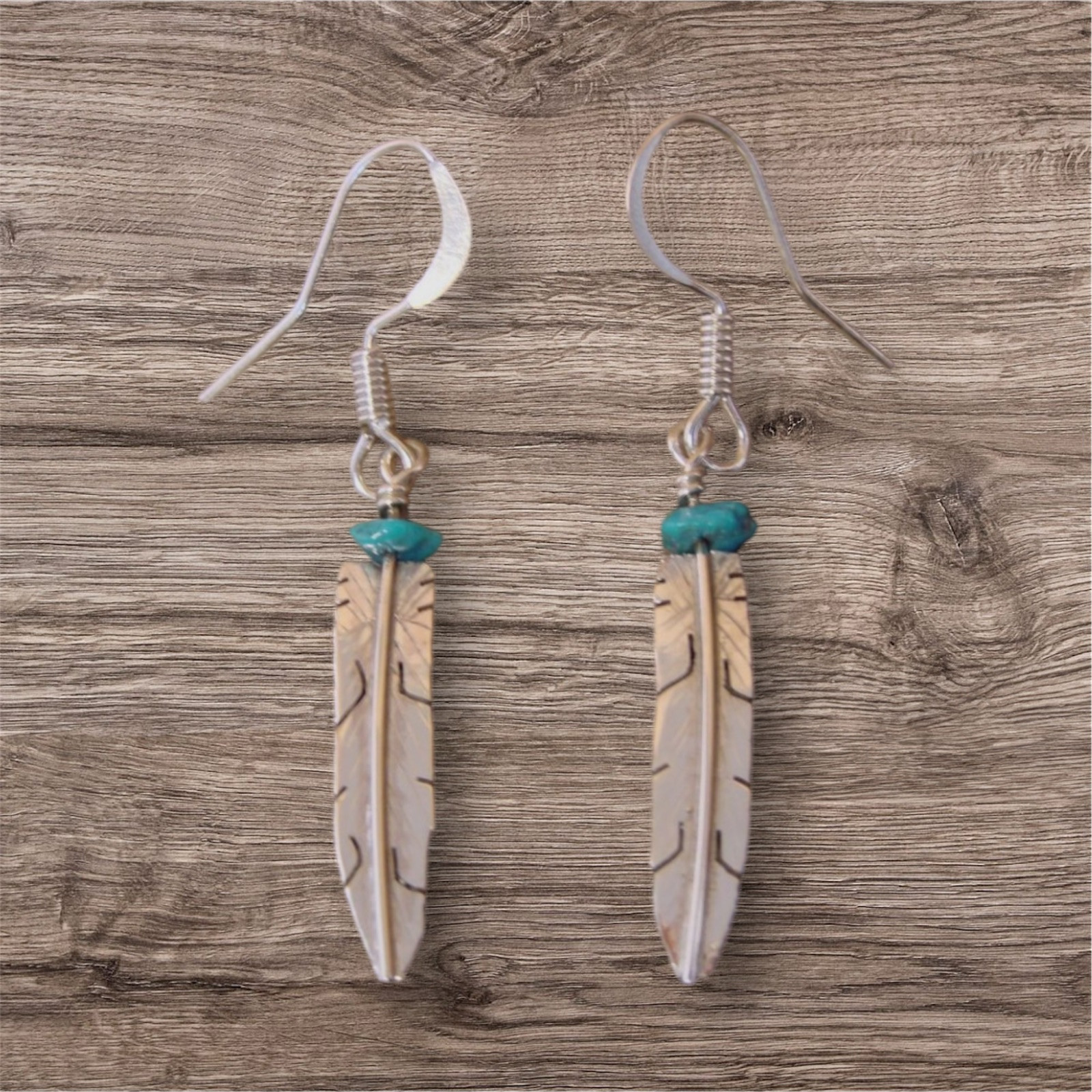 Native American Navajo Indian Sterling Silver Feather Dangle Earrings Turquoise