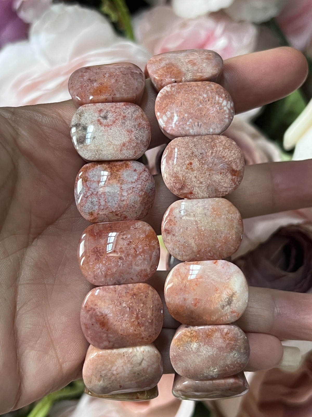 Natural Indonesian Agatized Coral Fossil Beads Stretch Bracelet Bangle