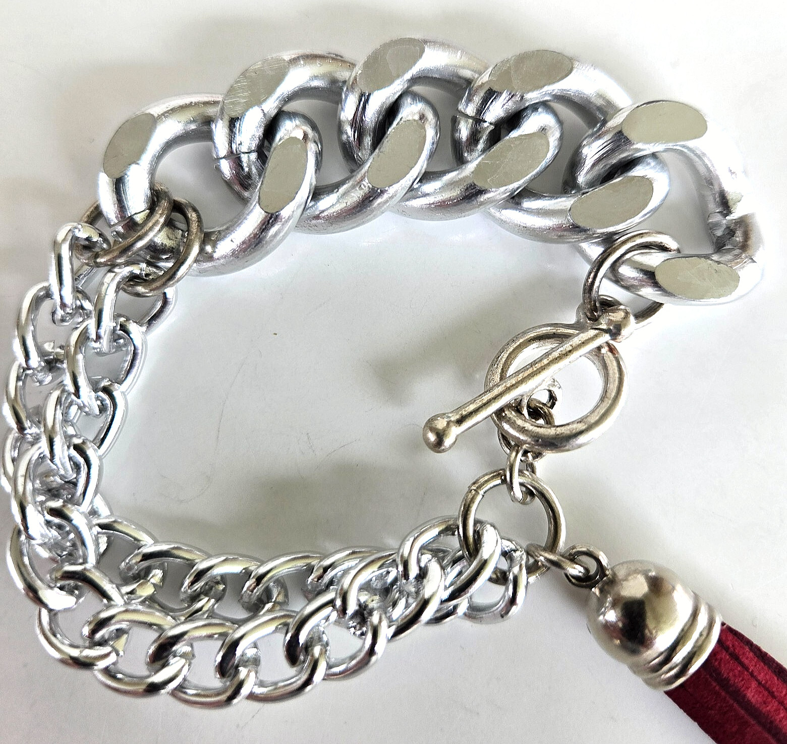 Vintage Silver Tone Aluminum Chain Burgundy Leather Tassel Bracelet 7-1/8″
