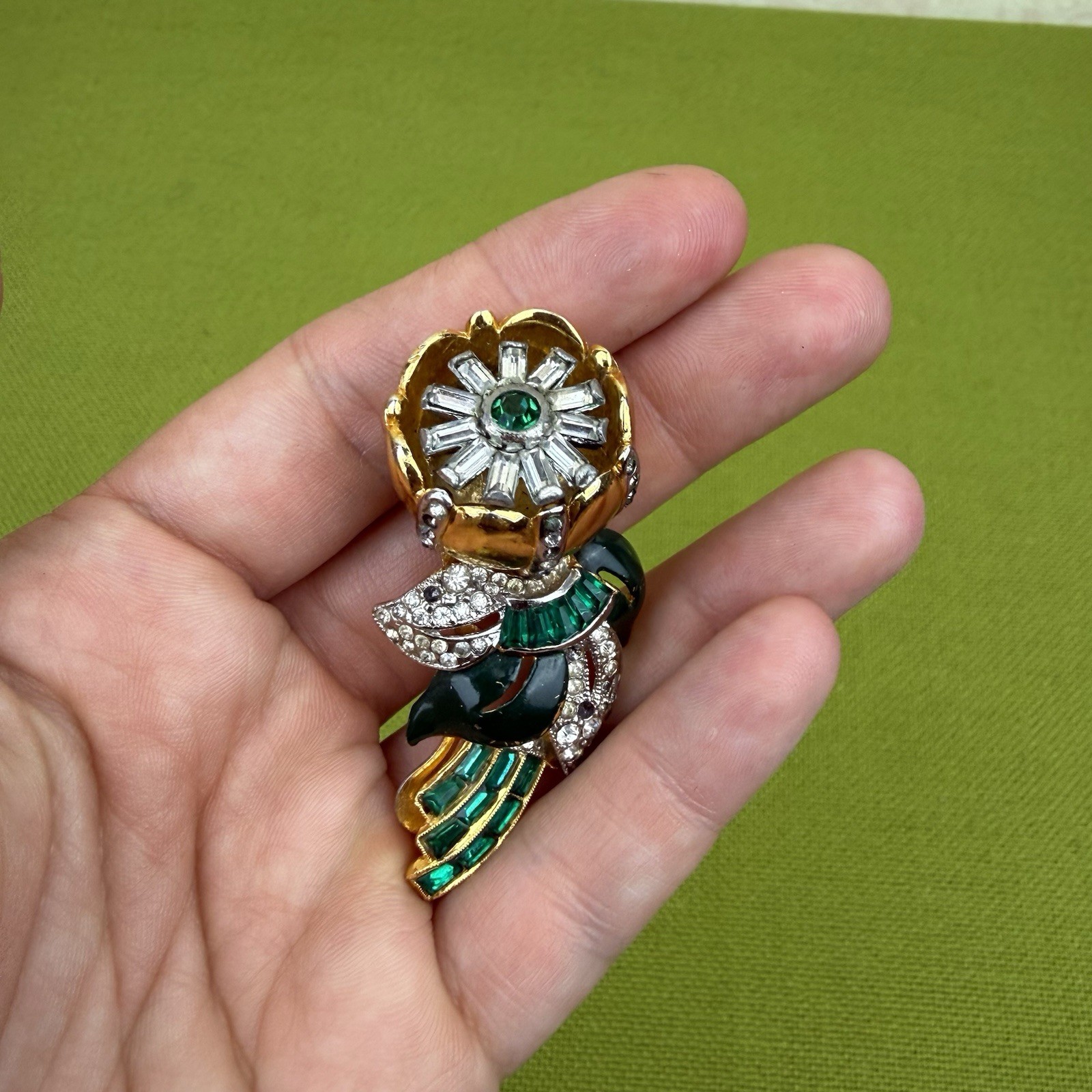 1930s Quivering Camellia Coro Duette Combo Double Brooch Pin Enamel Rhinestone
