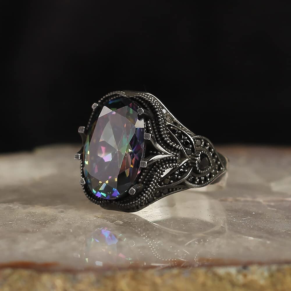 925 Sterling Silver Mens Ring with Mystic Topaz Gem Stone, Handmade Men’s Ring