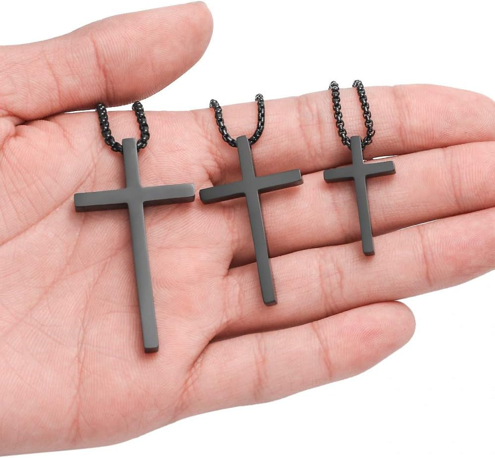 Cross Necklace for Men Teen Boys, Silver Black Gold Stainless Steel Plain Cross