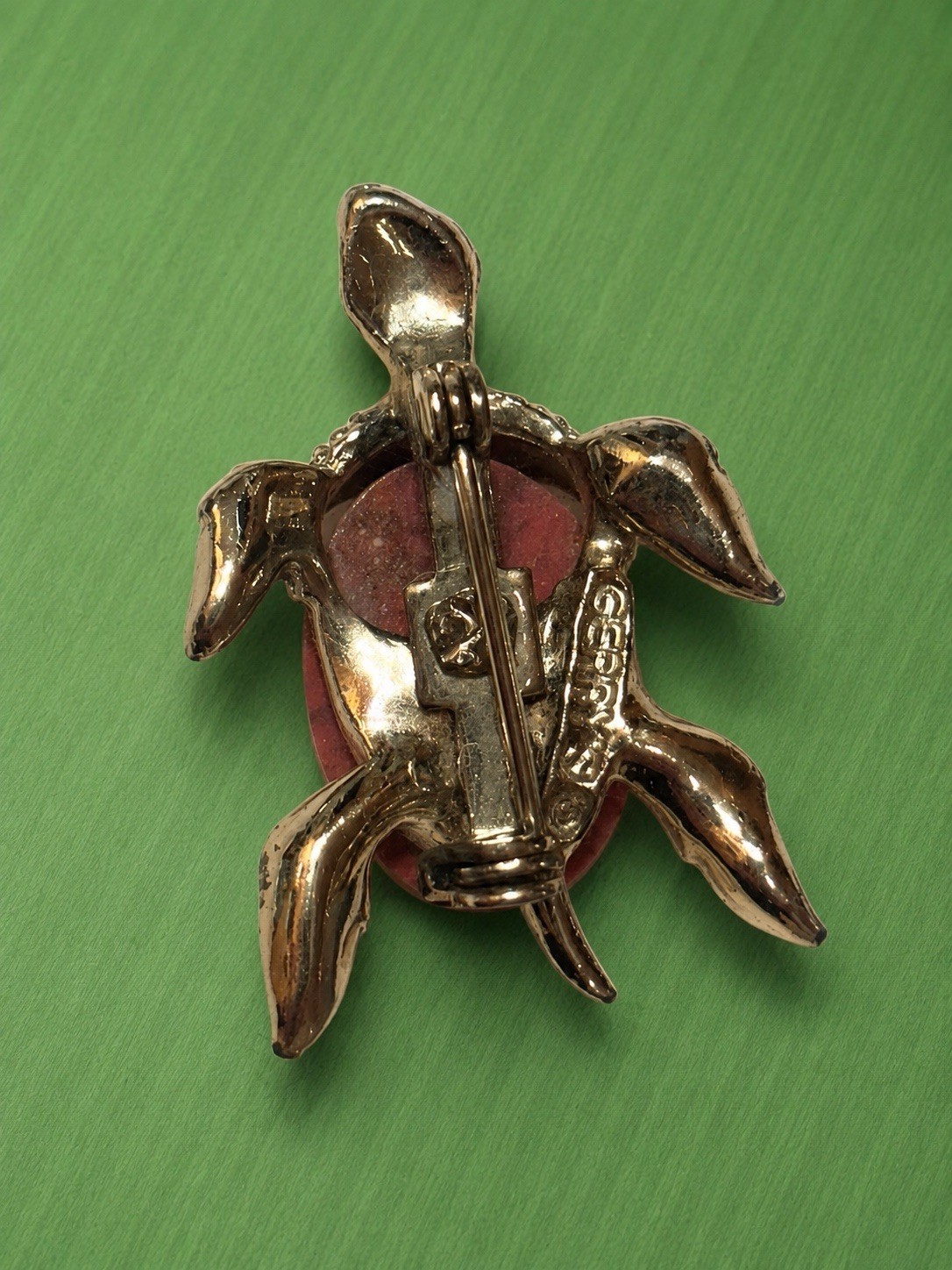 Gold Tone Turtle Brooch Pin w/ Red Oval Stone, Animals & Insects Theme