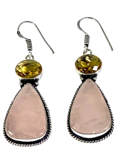 Rose Quartz & Faceted Citrine Teardrop Earrings Double Gems Handmade 12gm 2.8 in