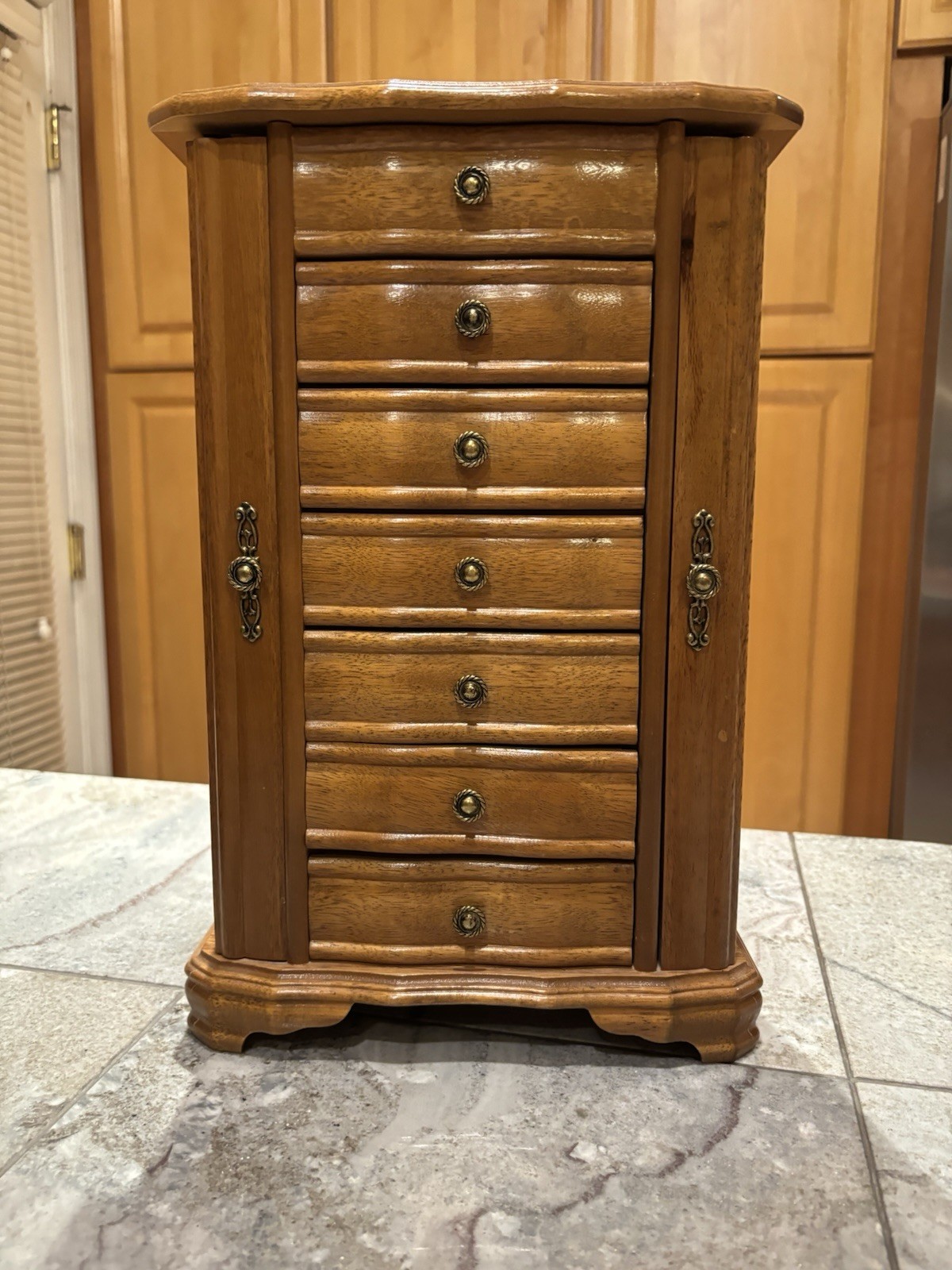 Vintage Wooden Jewelry Armoire Box Tower 7 Drawer Flip Mirror Necklace Doors⁠