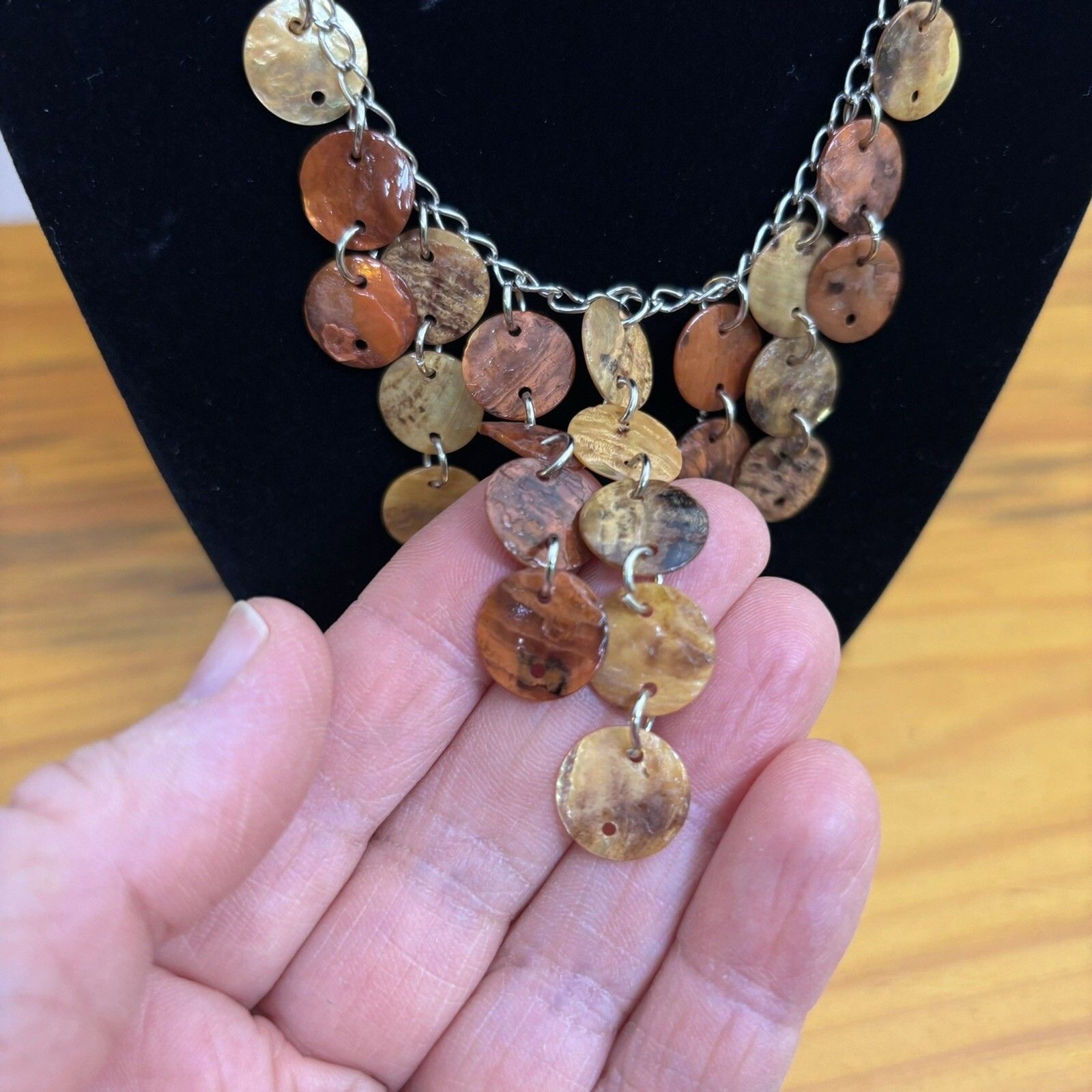 Bohemian Shell Necklace Gold Rust Ivory Brown Cream Dangle