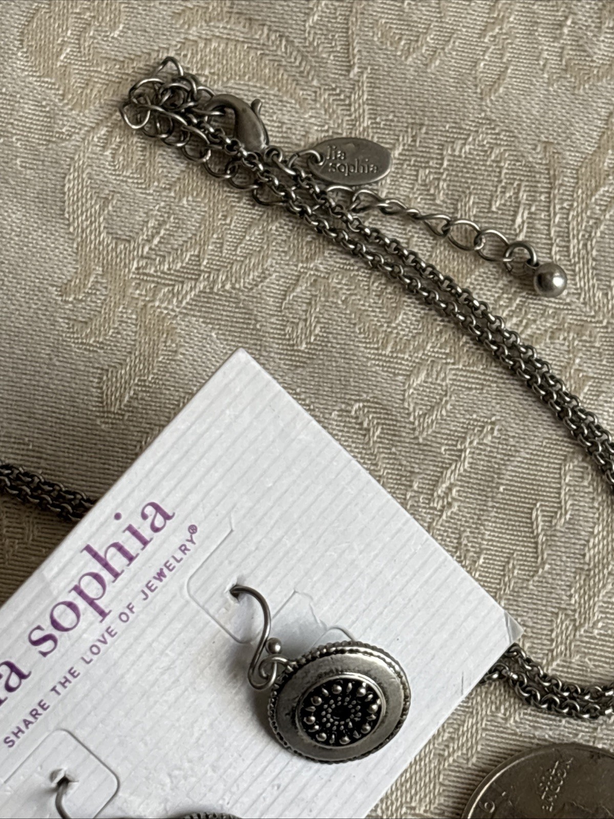 Lia Sophia Quill Necklace Satin Matte Silver Tone Long & Botanica Reversible PE