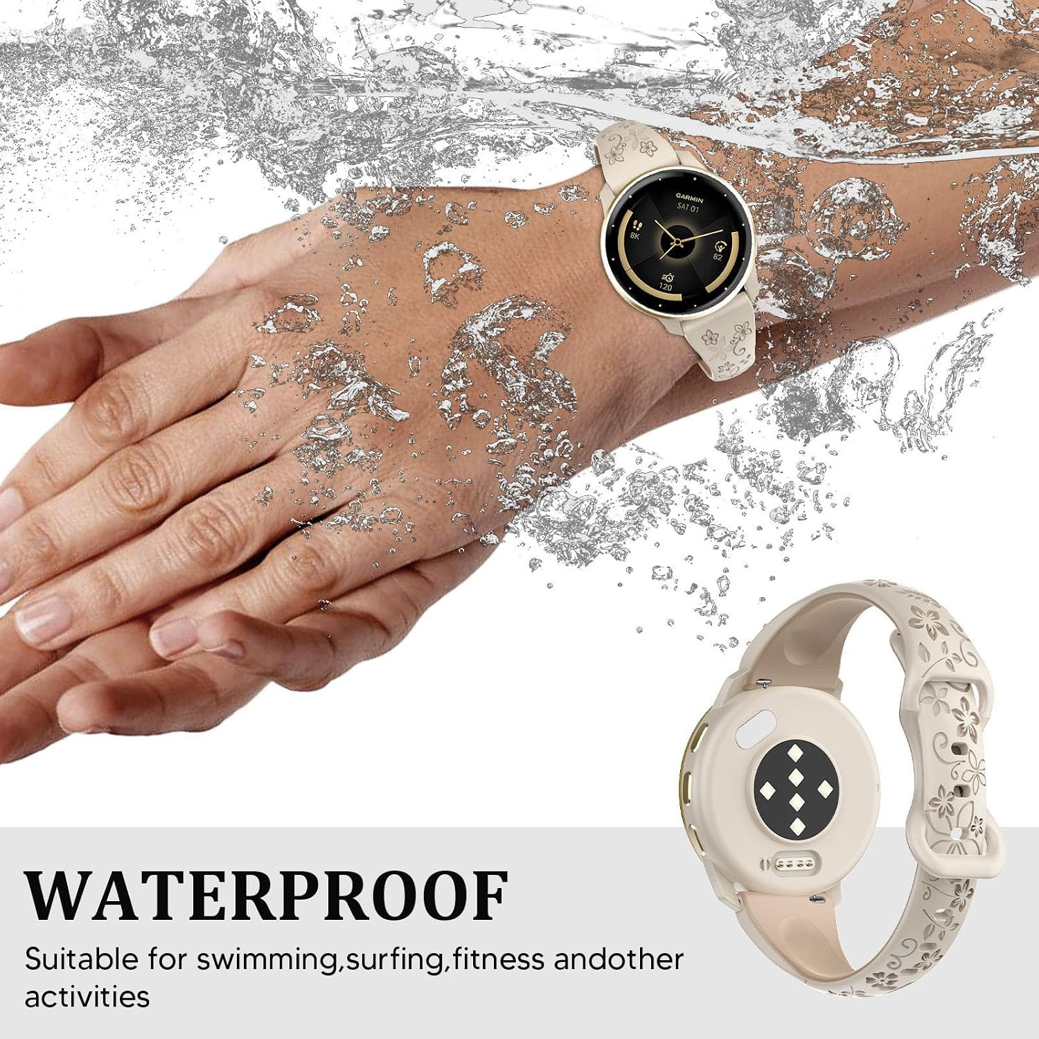 18Mm Floral Engraved Slim Silicone Watch Bands Compatible with Garmin Venu 3S/Ve