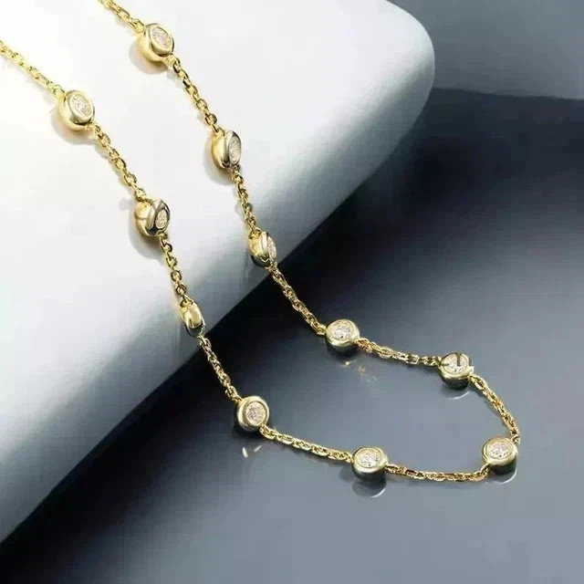 14K Yellow Gold plated 2Ct Round Lab-Created Diamond Bezel Set Station Necklace
