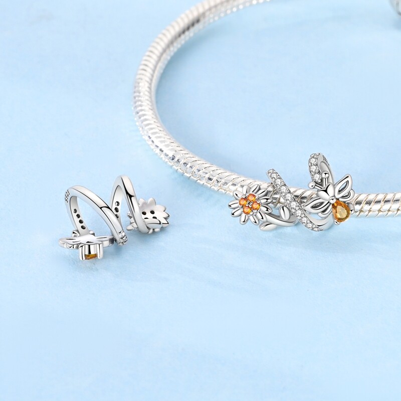 MULA 925 Sterling Silver DIY Charm CZ Sunflower Bees For Women Bracelet Necklace