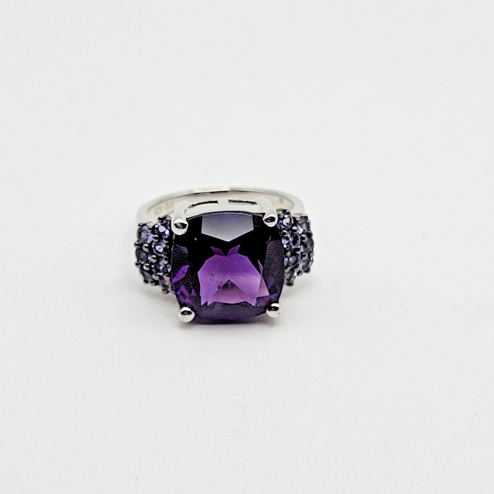 Sterling Silver 5.85 ct Cushion Amethyst .49 ctw Round Tanzanite Ring – Size 6