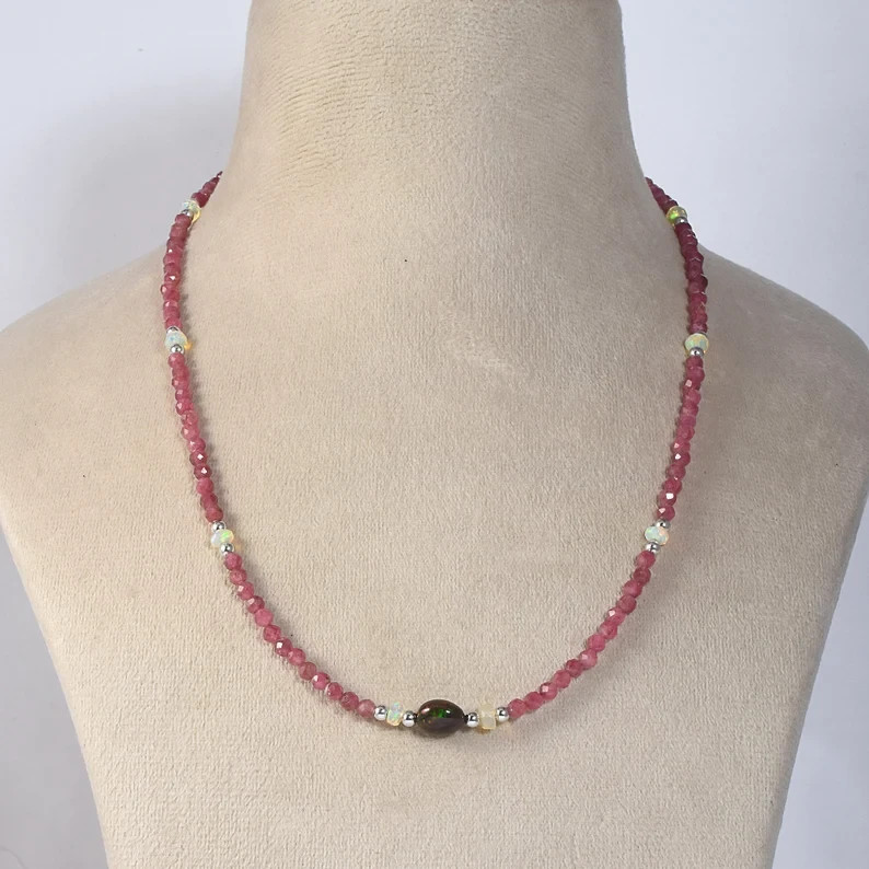 Natural Rainbow Fire Opal & Pink Tourmaline Handmade Beaded Chain Women Necklace