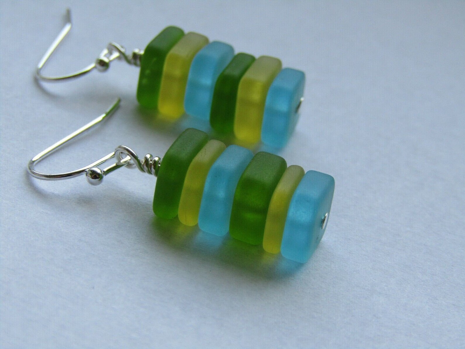 Stacked Green, Yellow, & Blue Sea Glass Pebble Earrings, Gift For Her, Ocean