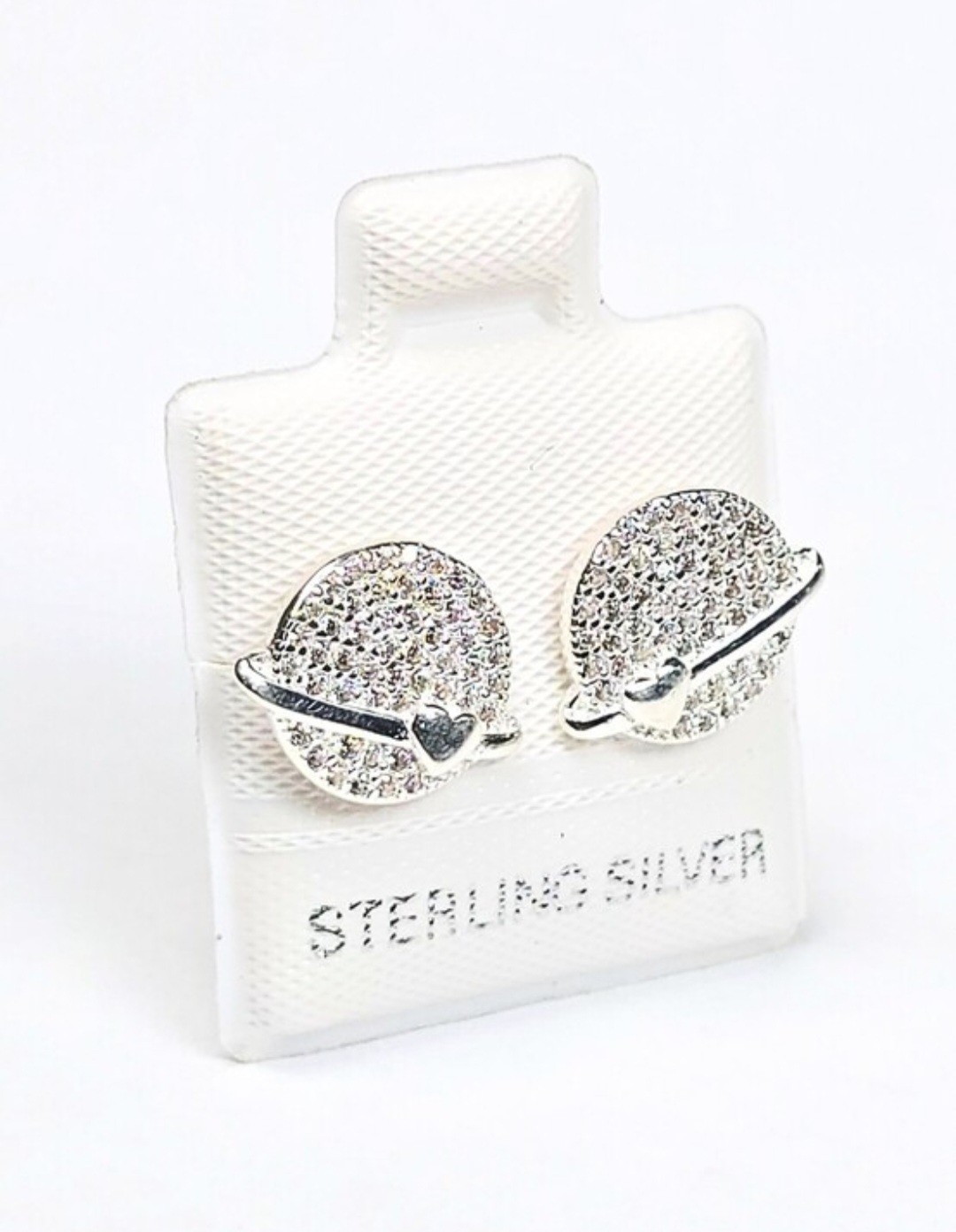 Arete Stud Earrings Plata 925 Mex. Sterling Silver Saturn Planet Design CZ