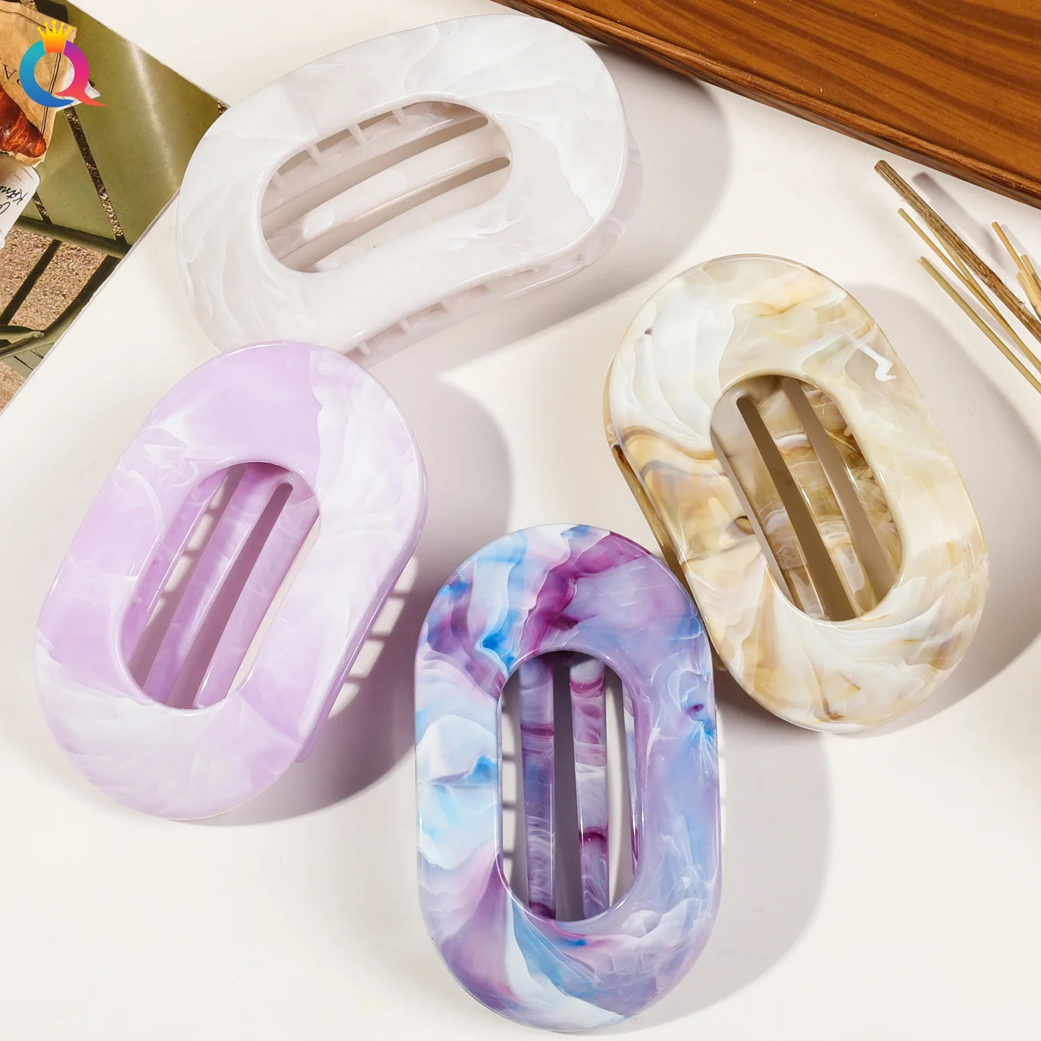 Oval Hair Claw Acrylic Marbling Flat Circular Grip Colorful Updo Women Headwear