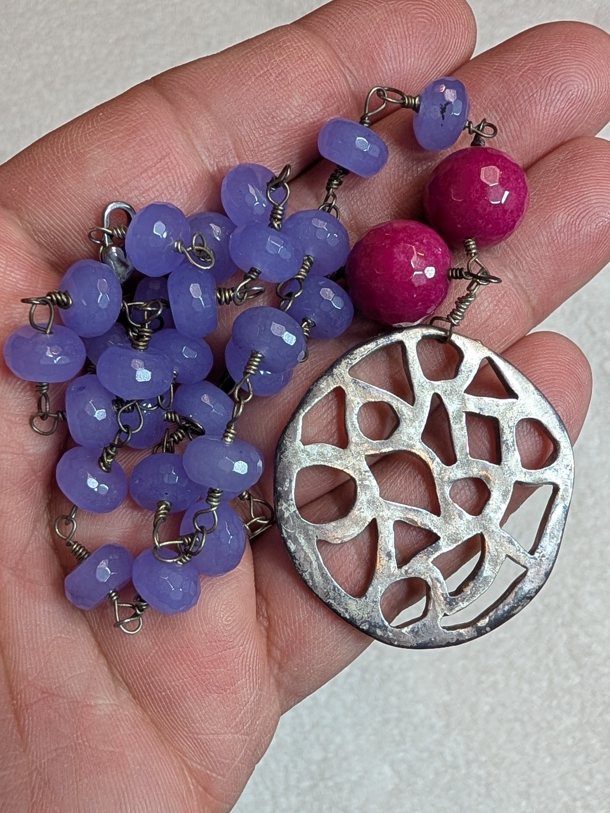 Artisan Sterling Silver Necklace Wire Wrapped Faceted Lavander Chalcedony & Pink