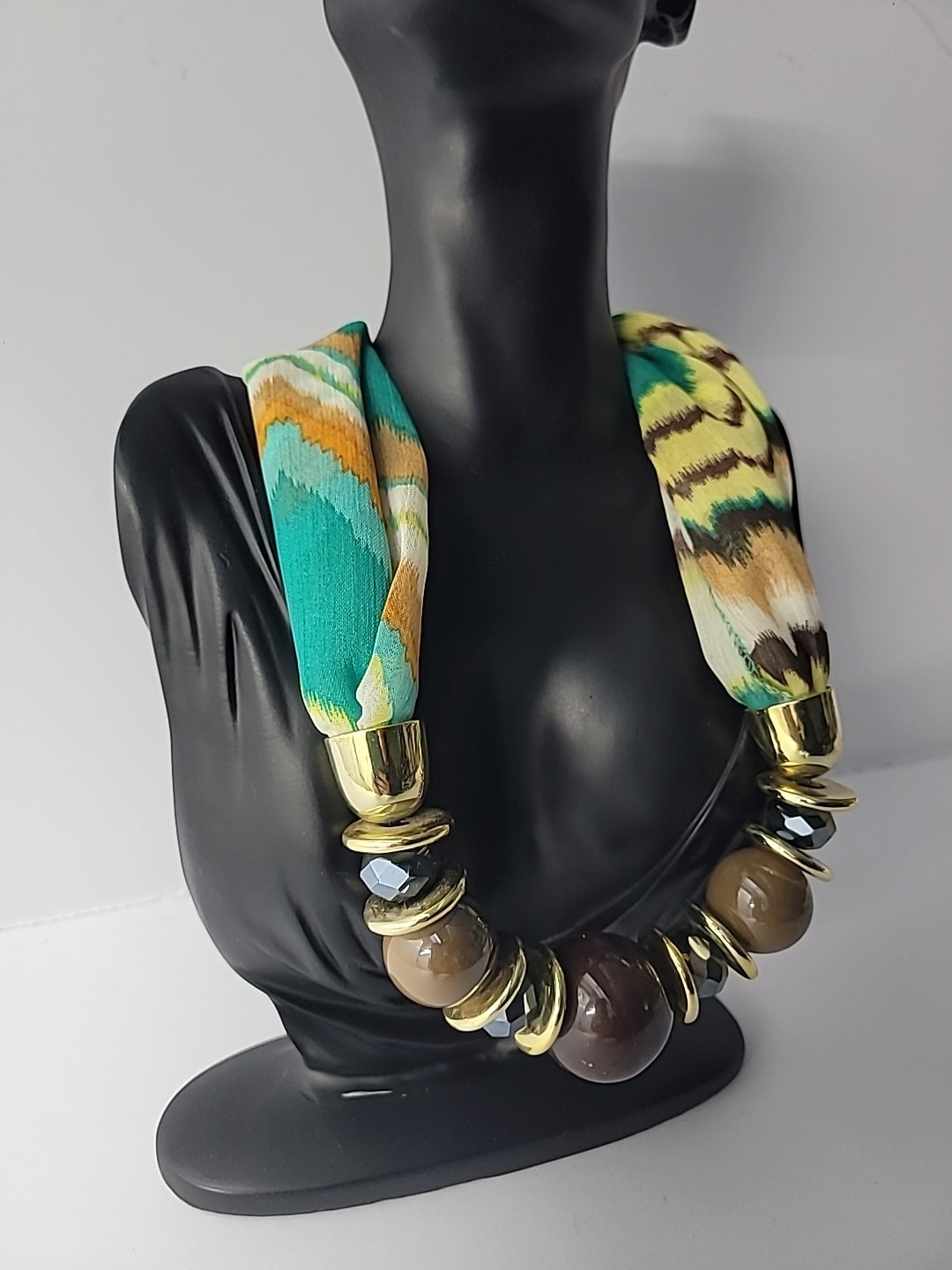 Vintage Boho Statement Necklace Fabric Beads Resin Gold Tone Boho Boutique