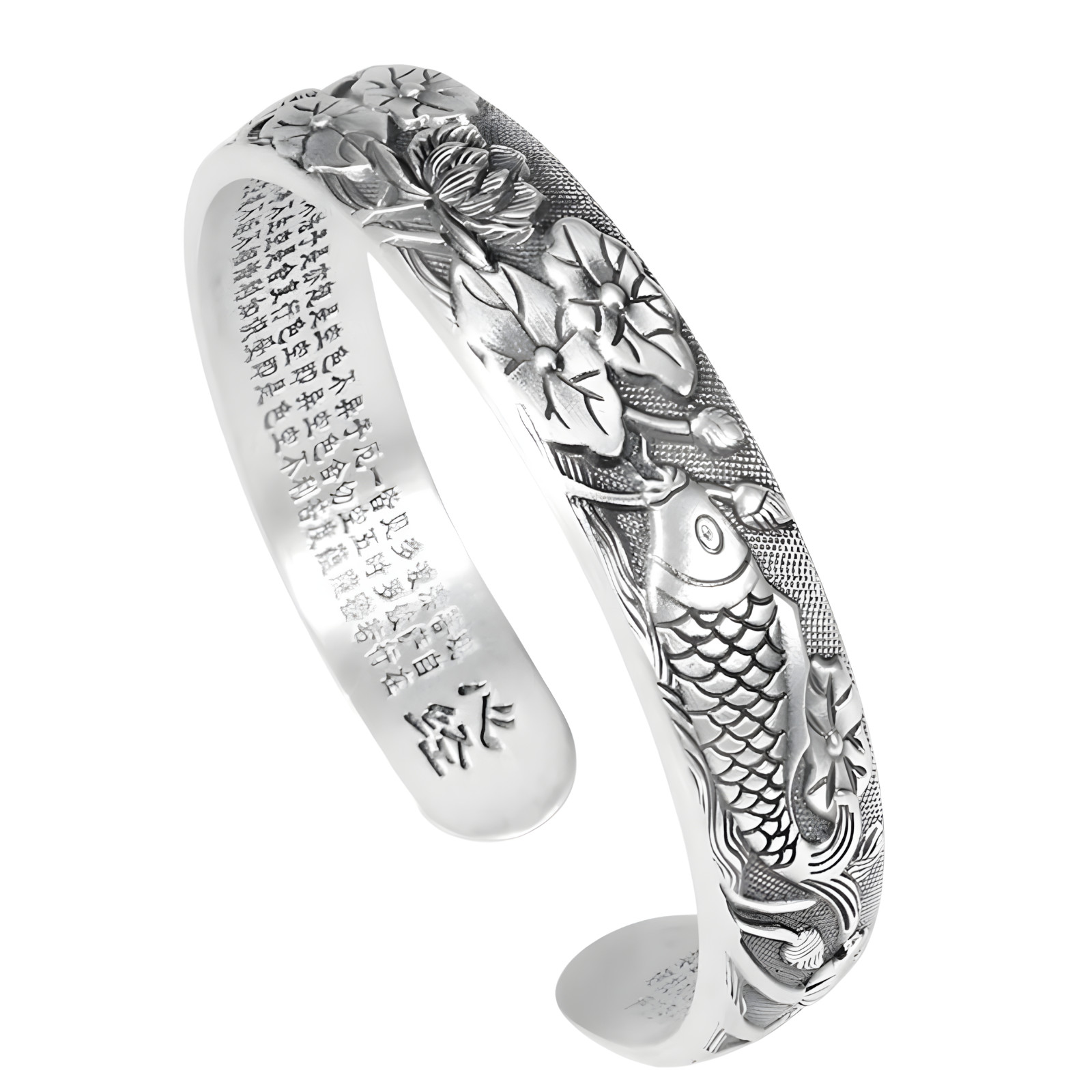 Vintage Lotus & Koi Fish Bracelet – Silver-Plated Zinc Alloy Cuff Bangle 1226