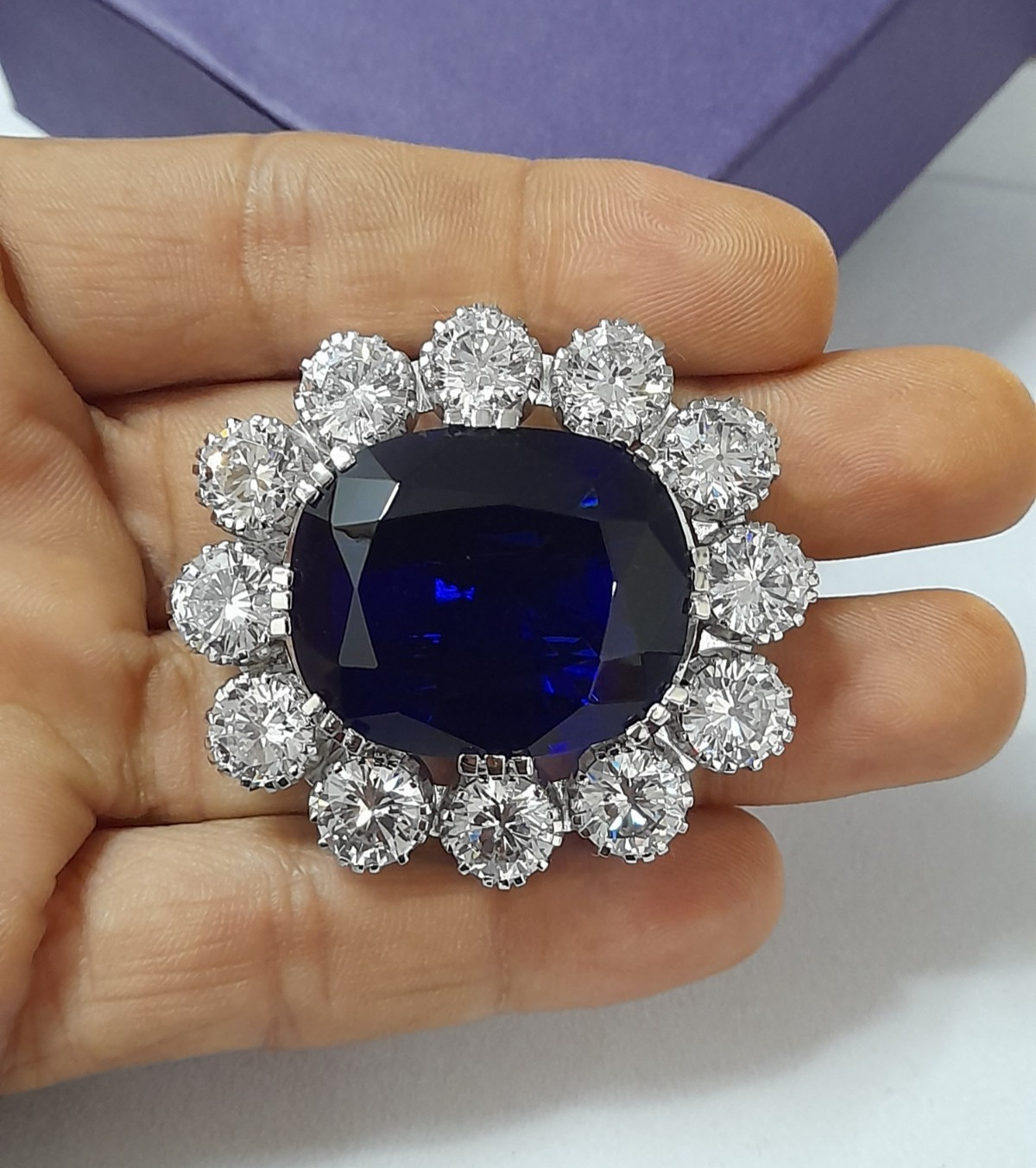 Lab Blue Cushion Cut Halo Fine 925 Silver Brooch Queen Victoria Inspired Jewelry
