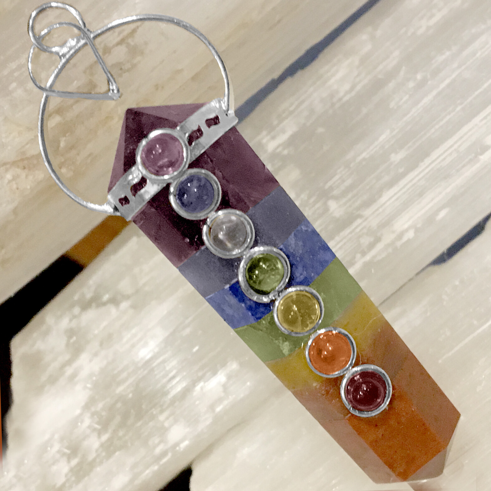 Rainbow Chakra Crystal Double Point Pendant 7 Bonded Stone Necklace Reiki Healin
