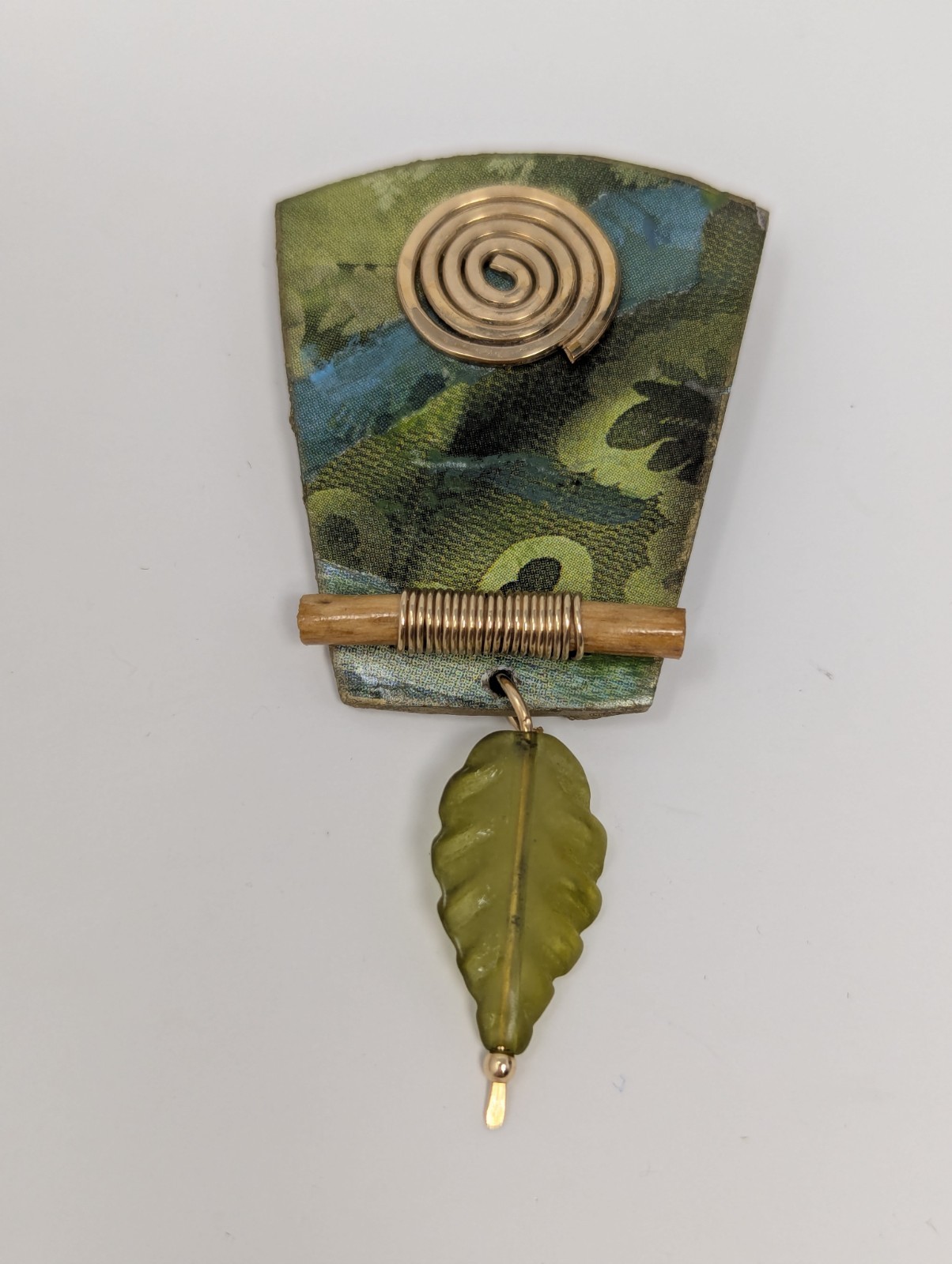 Suzan R Mixed Media Brooch Artisan Studio Jewelry Fabric Metal Leaf Dangle 2.5″