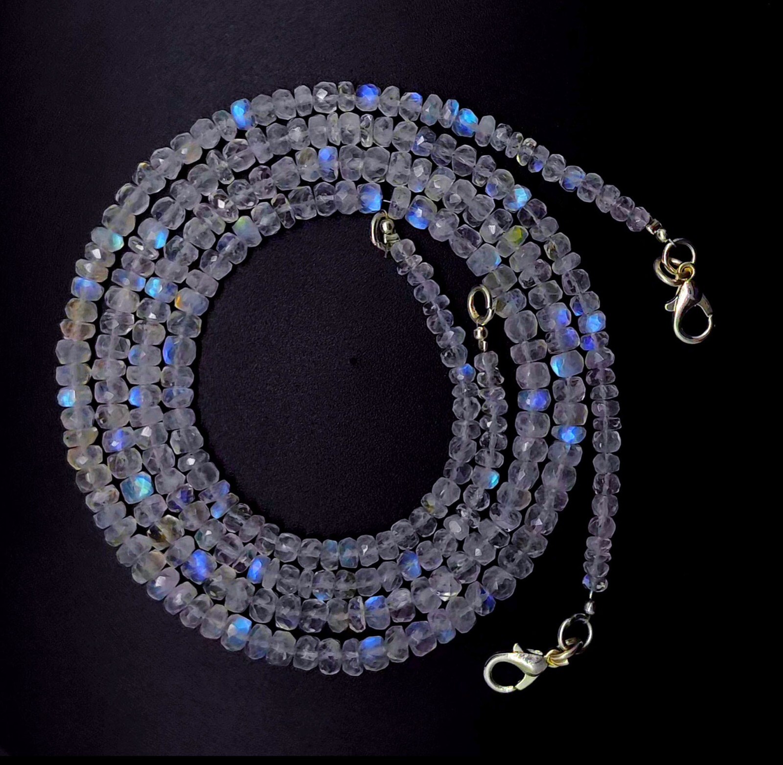 Natural Gem Blue Fire Rainbow Moonstone 4-5mm Faceted Rondelle Bead Necklace 16″