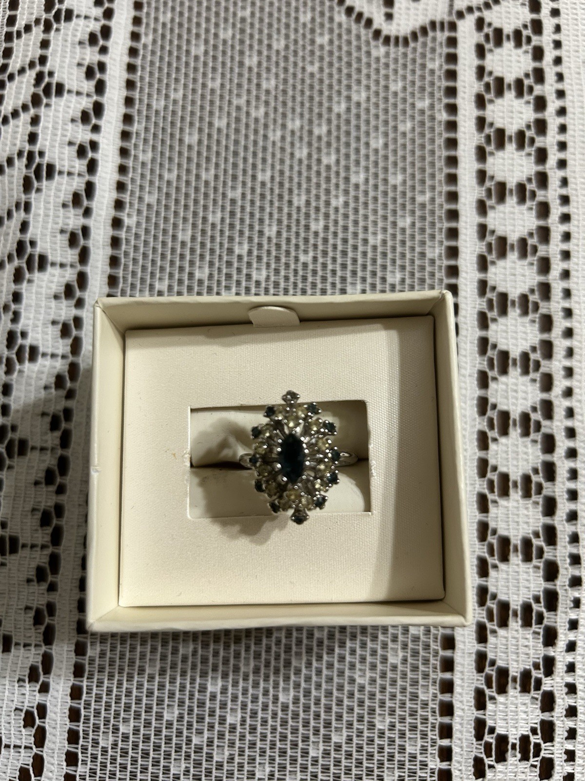 Vintage Art Deco Style Marquise Cut Blue Sapphire and rhinestones 18 kHGE Sz8
