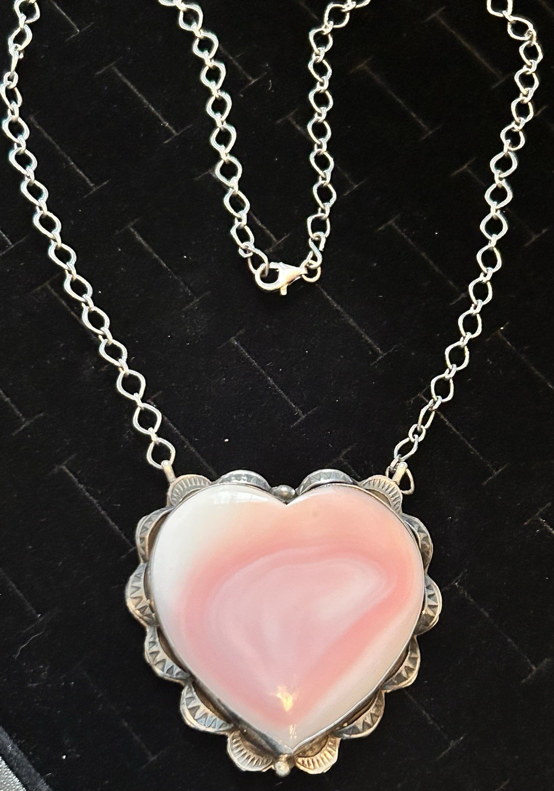 Navajo Handmade Sterling Silver & Pink Conch Heart Necklace by Artist Tia Long