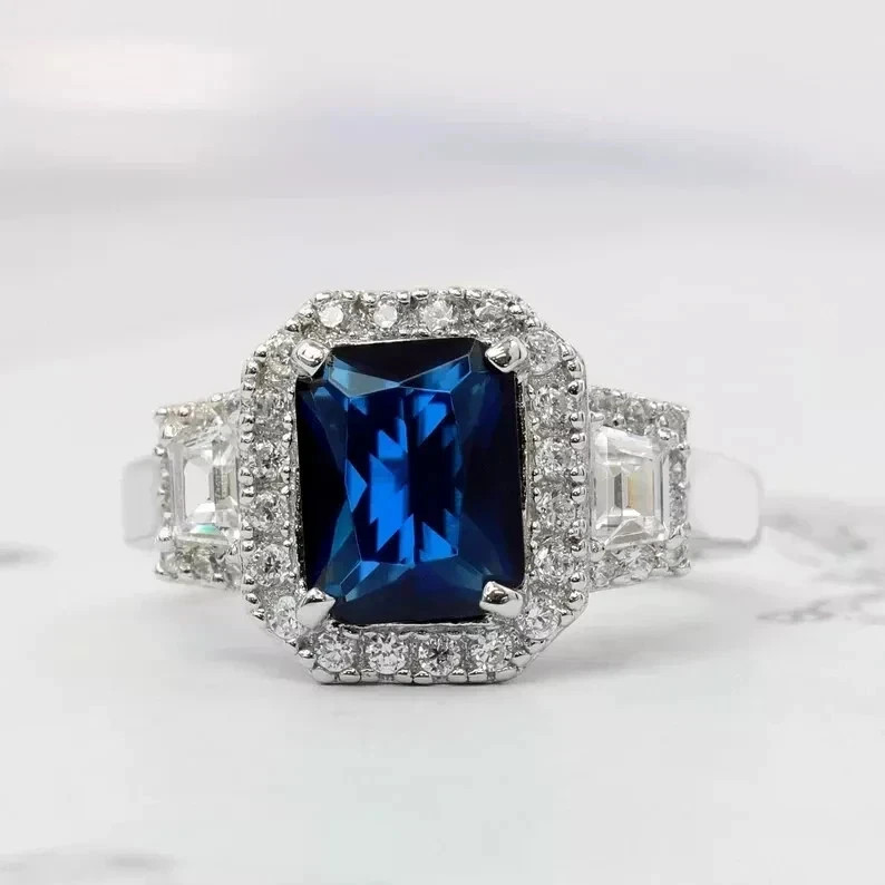 4.80 Ct Natural Blue Sapphire Diamonds Wedding Ring Solid 14K White Gold 7 8