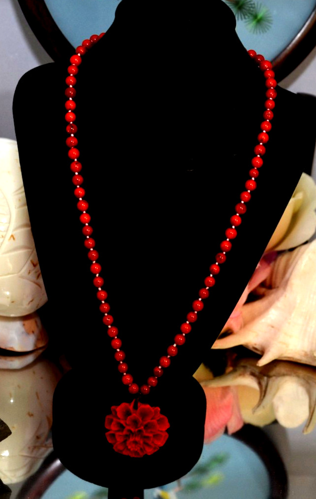 Beautiful coral necklace bamboo coral approx. 6 mm round and lacquered flowers approx. 46-51 cm