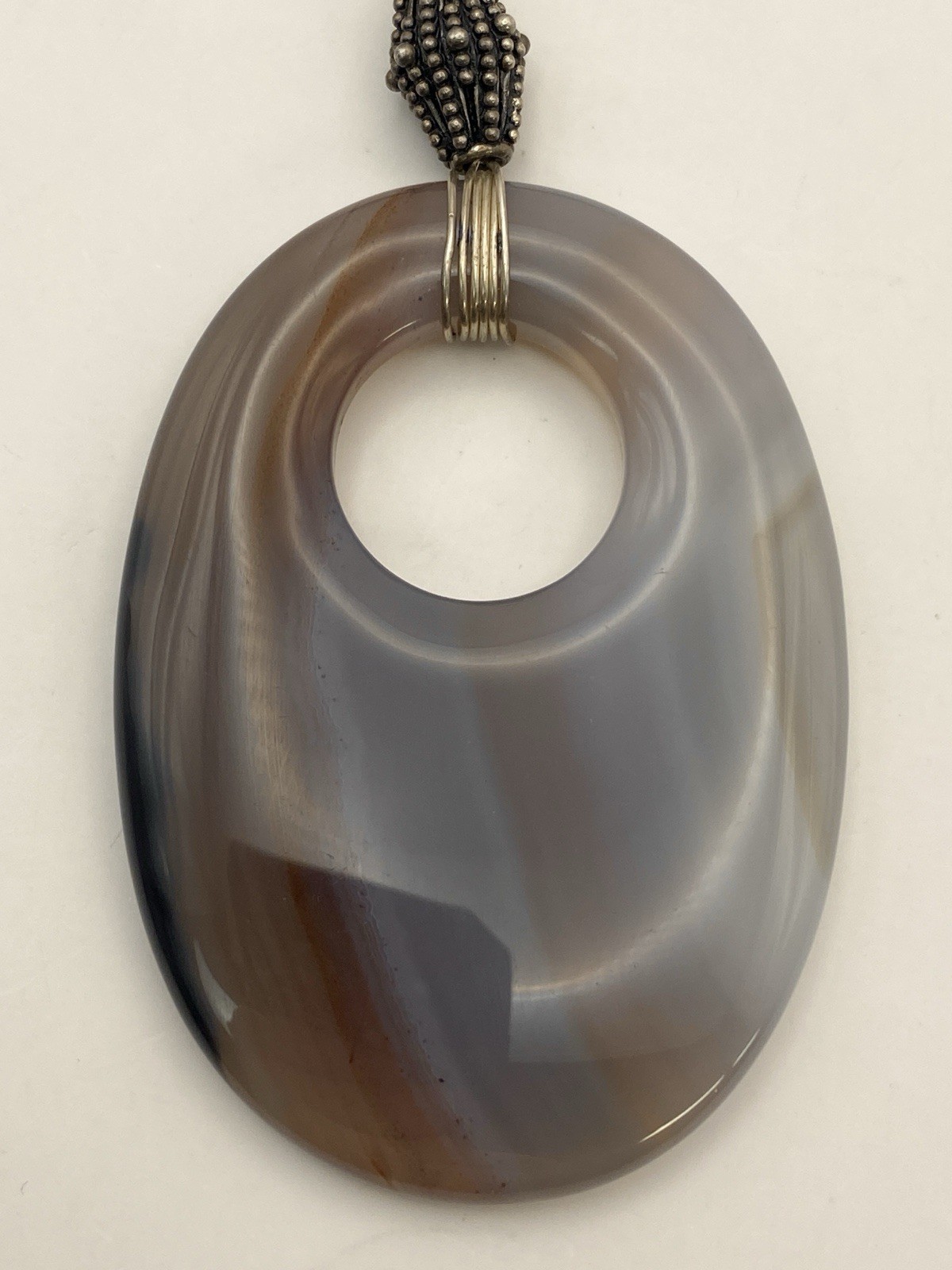 Agate Donut Pendant Necklace Large Oval Striped White Purple Brown Stone