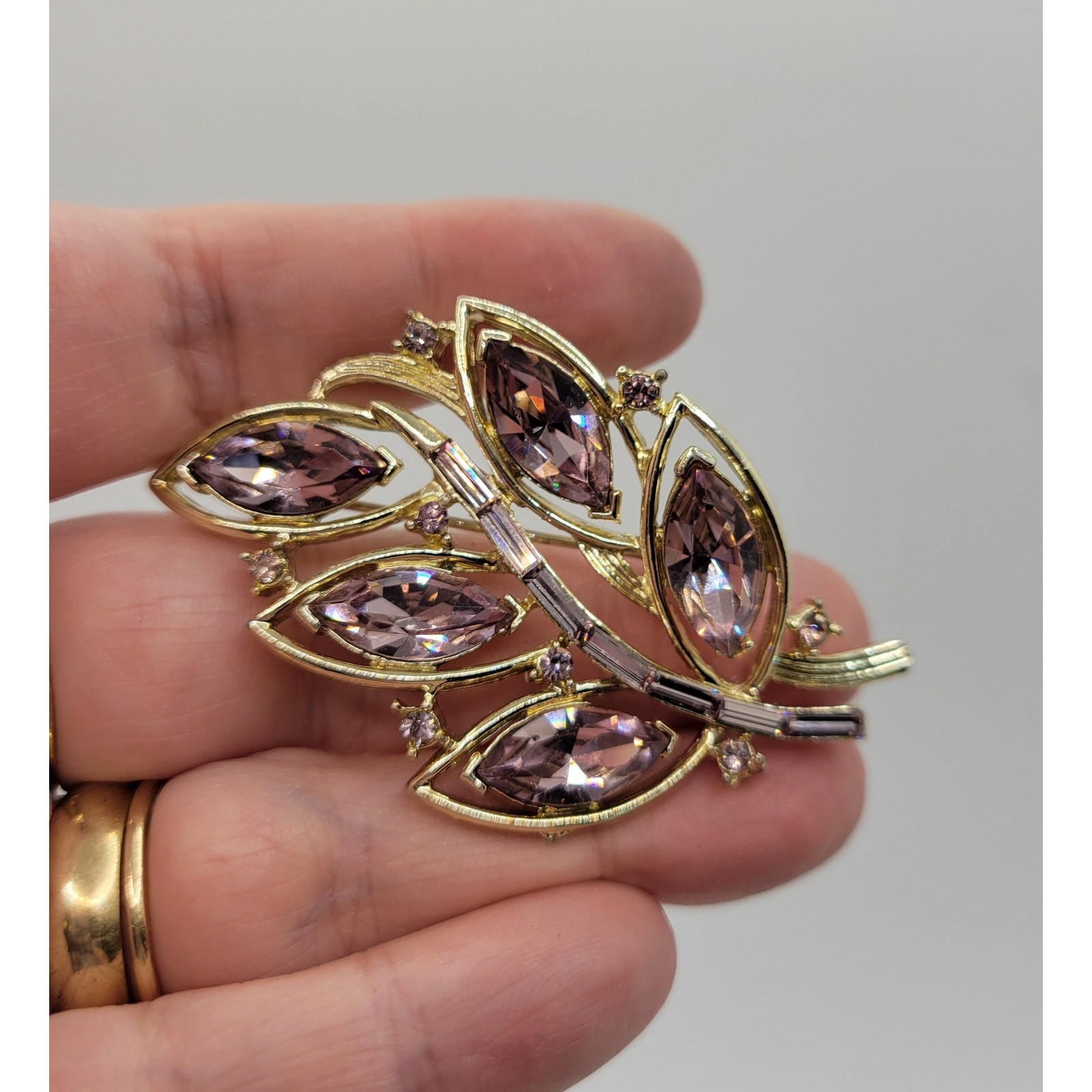 Vintage Kramer Rhinestone Leaf Brooch Amethyst Purple Baguette Marquise Signed