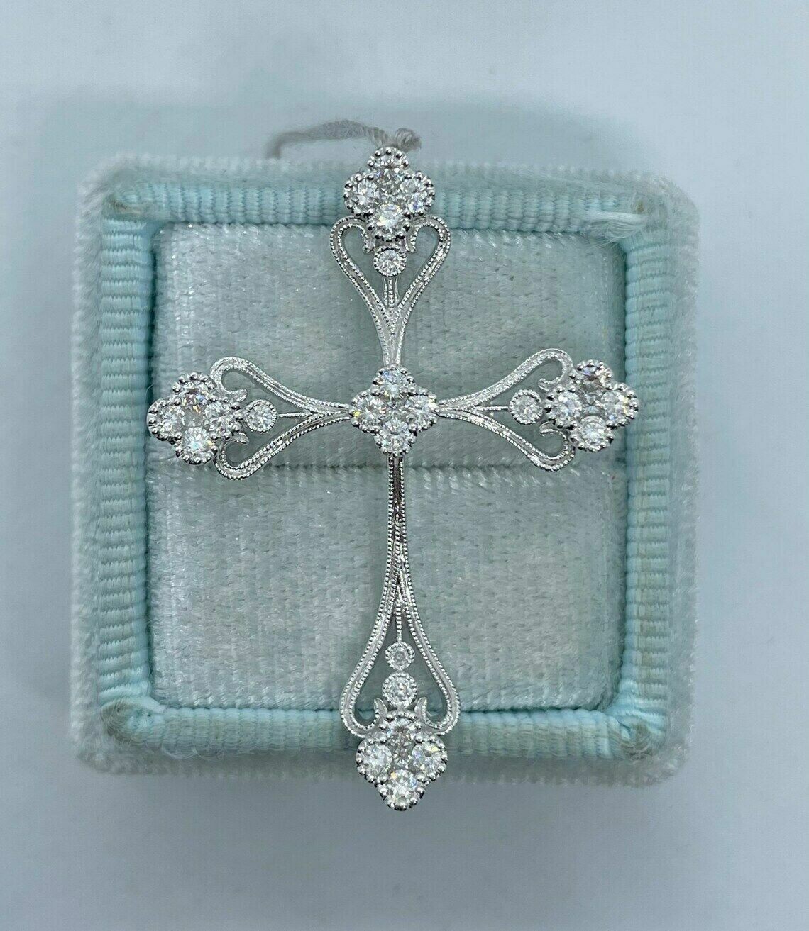 1Ct Round Cut VVS1/D Diamond Cross Pendant 14K White Gold Finish 18″ Free Chain