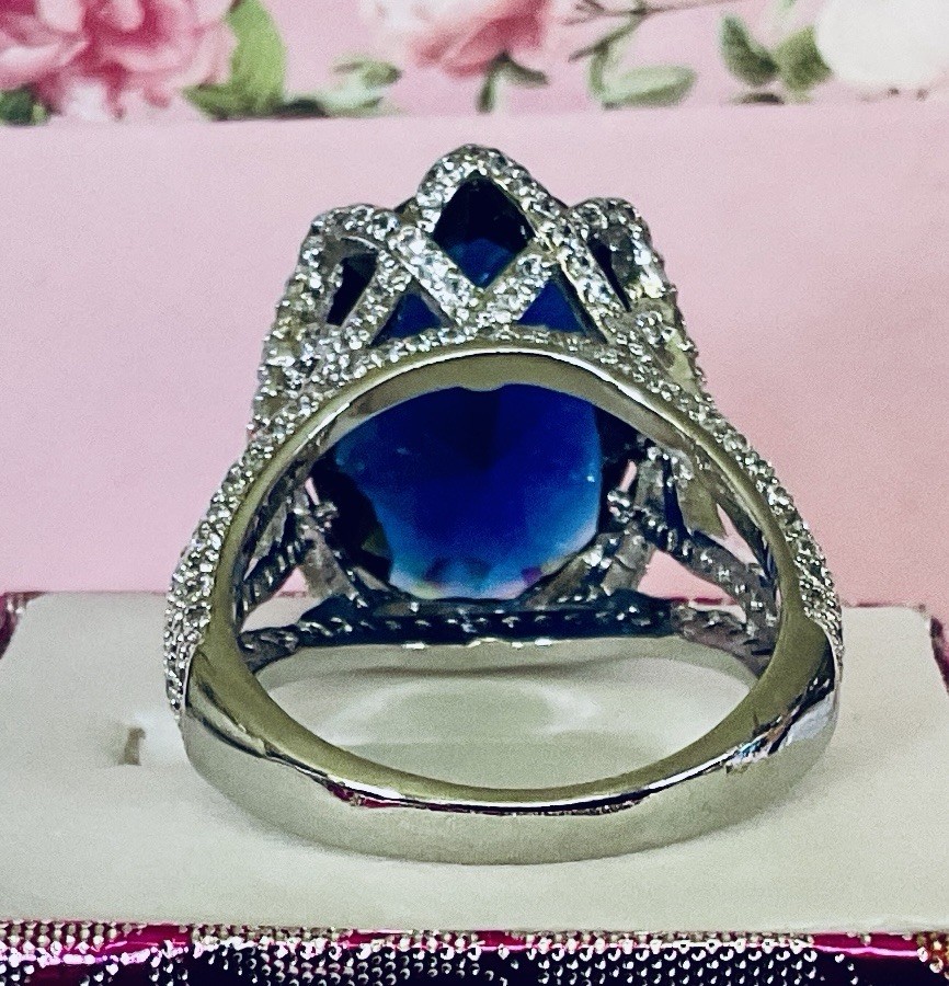 BLUE SAPPHIRE RING – 18X13mm Or 14.2ctw – TOTALLY ENCRUSTED .925 SS SETTING !!!