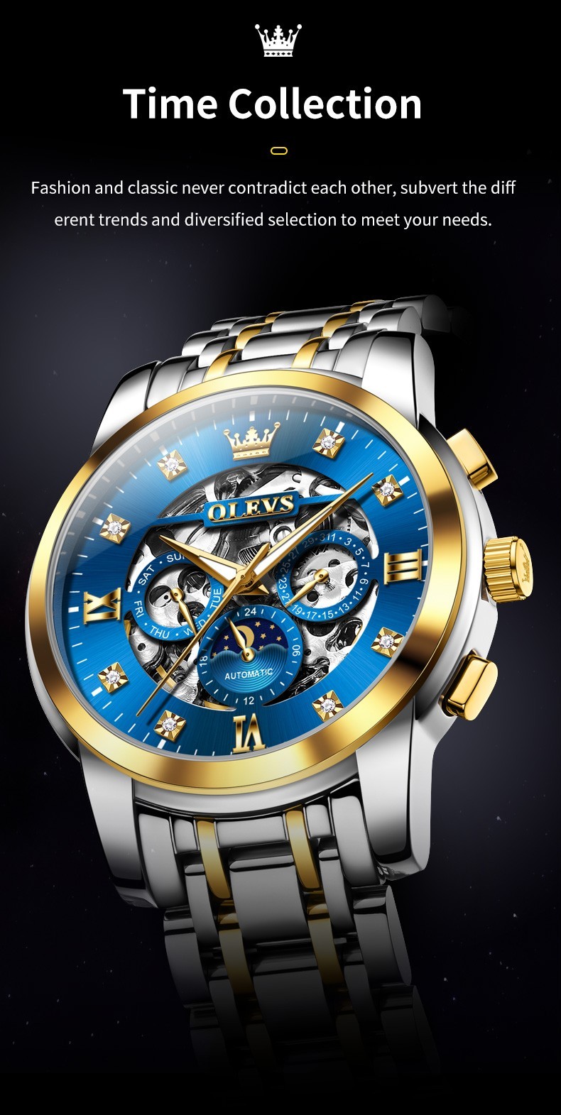 OLEVS 6721 Hollow Multifunction Dial Fashion Men Automatic Mechanical Wristwatch
