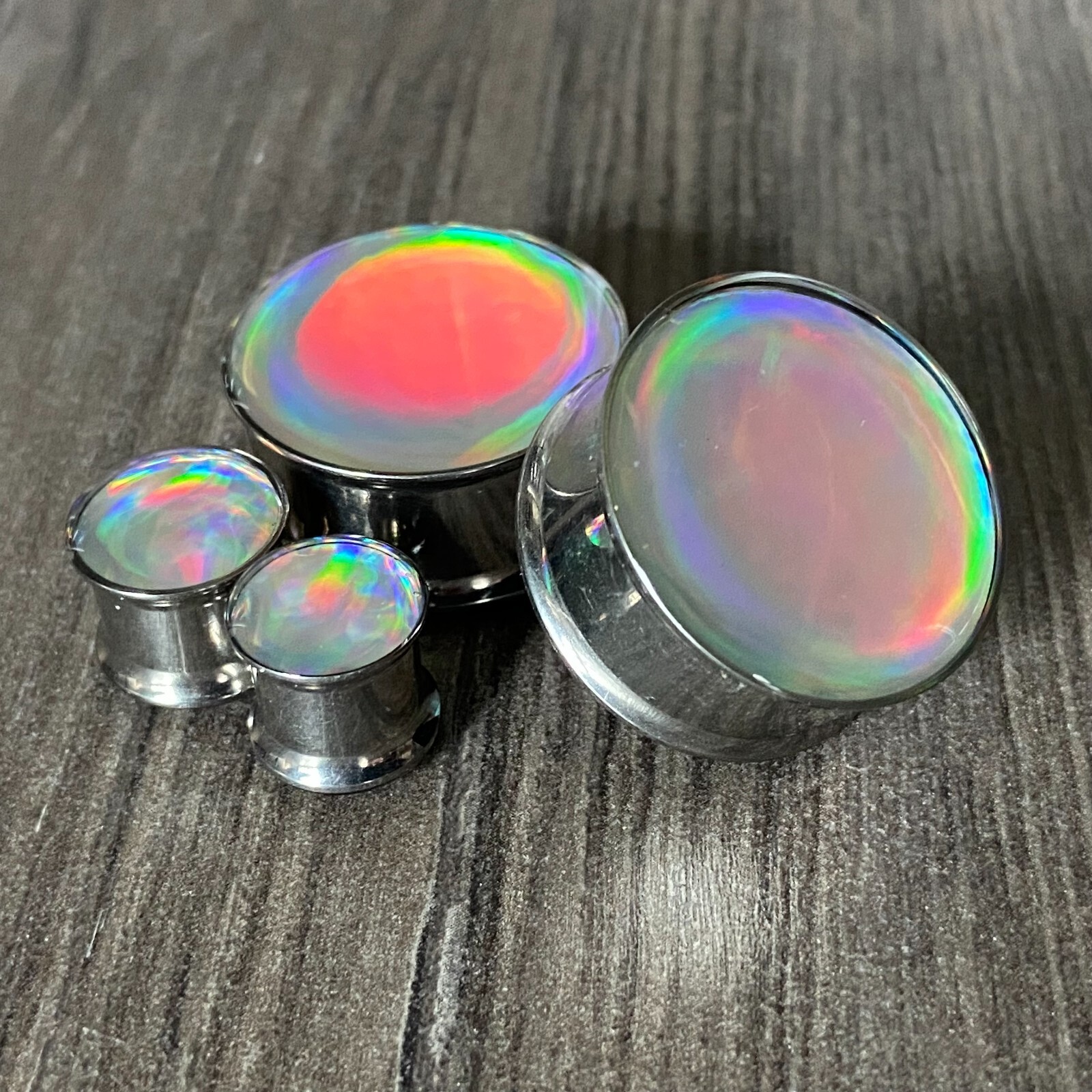 Silver Holographic Opal Double Flare Resin Plugs (MTO-078) gauges pair