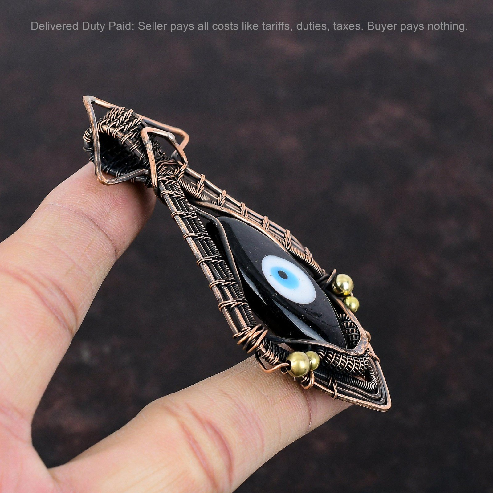 Copper Marquise Black Color Evil Eye Stone Wife Trendy Wire Wrapped Boho Pendant