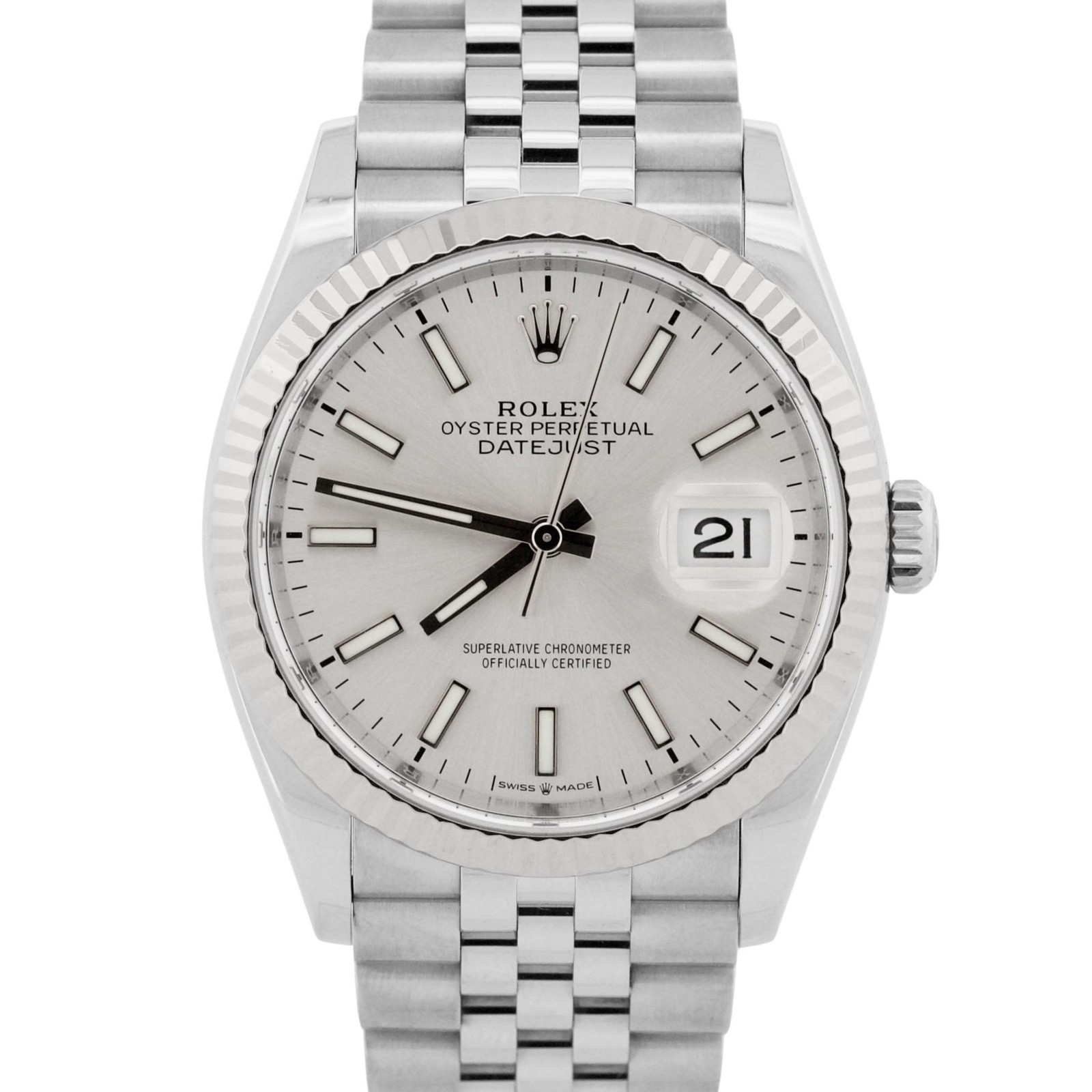 Rolex DateJust 36mm SILVER Stainless Steel Jubilee 18K Gold Fluted 126234 Watch