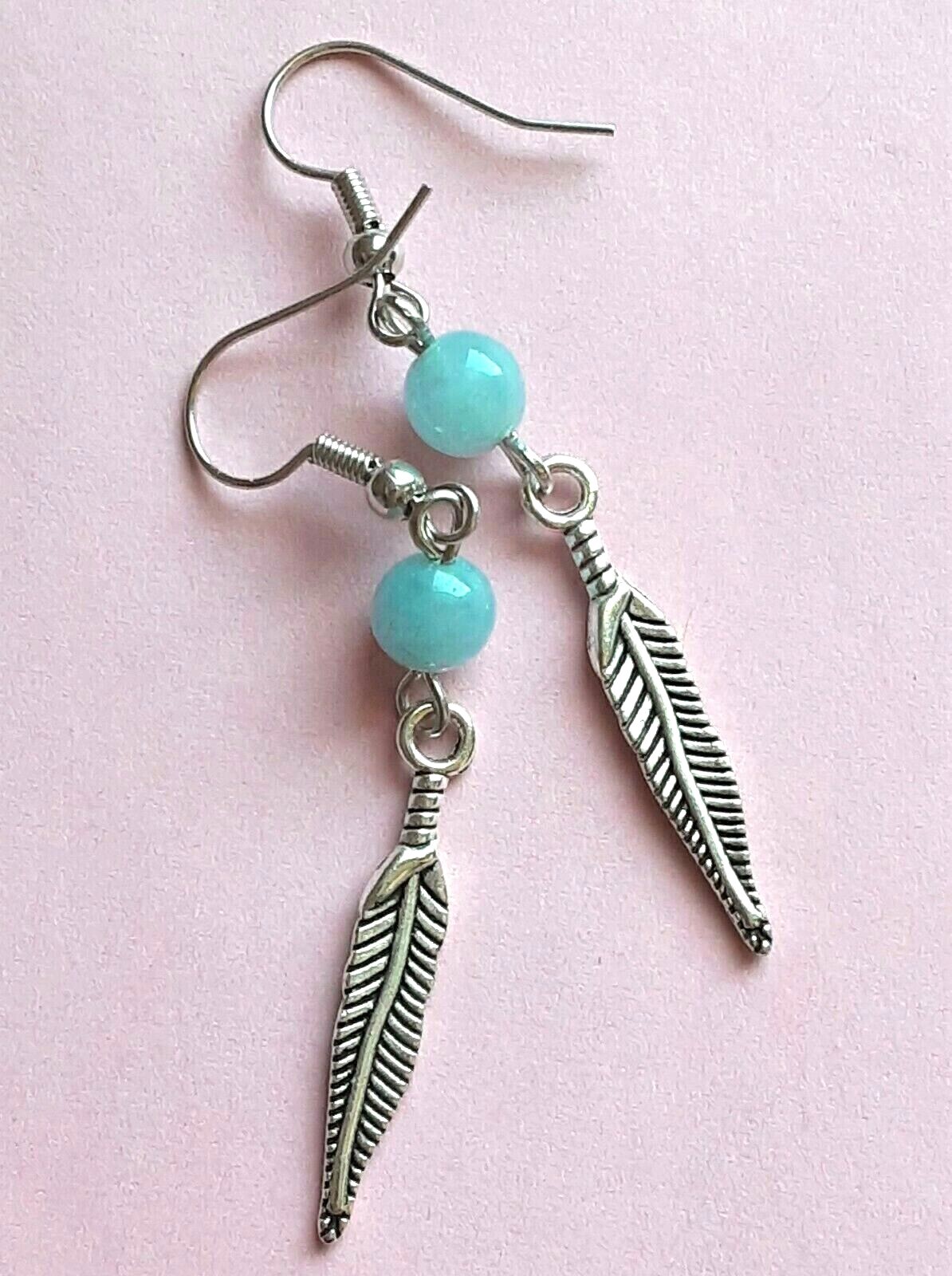 GEMSTONE & Feather dangles fish hook handcrafted YOU CHOOSE XGE