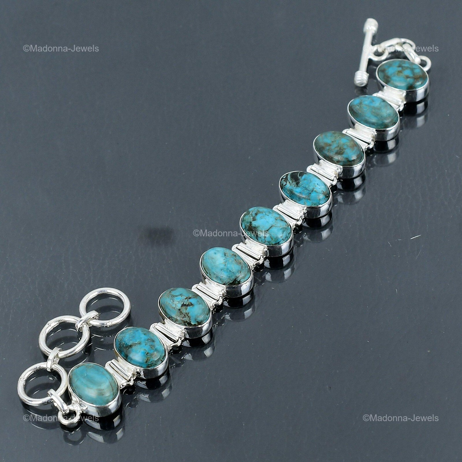 Valentines Deal Oval Tibetan Turquoise Gemstone Chain Bracelet Sterling Silver