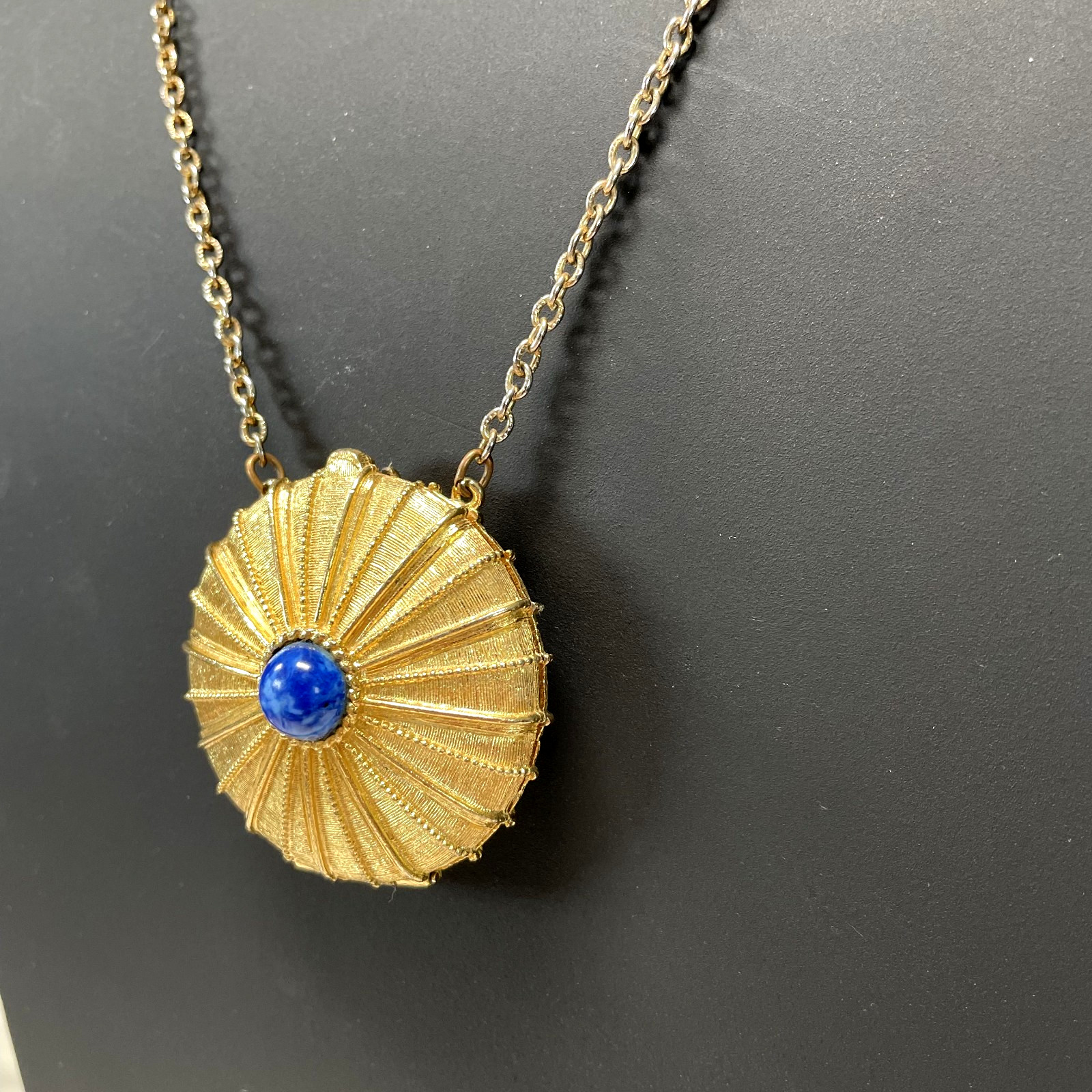 Vintage ESTEE LAUDER Signed Perfume Locket w/LAPIS LAZULI Blue Glass Stone 24″